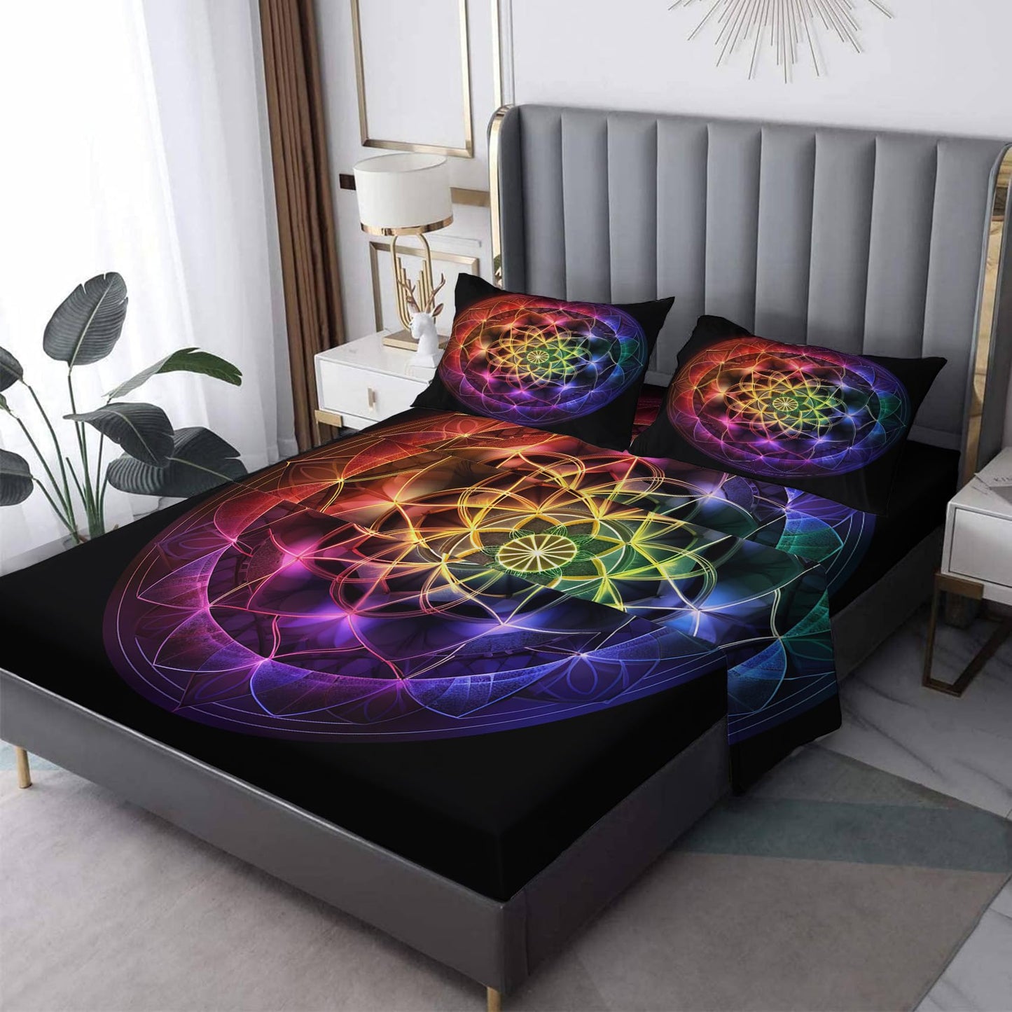 zcsm Mandala Sheets King Sheet Sets - Chakra Bed Sheets, Soft Microfiber & Deep Pocket & Wrinkle Free Patterned Bedding Sheets & Pillowcases, 4 Piece (1 Fitted Sheet, 1 Flat Sheet, 2 Pillow Cases)