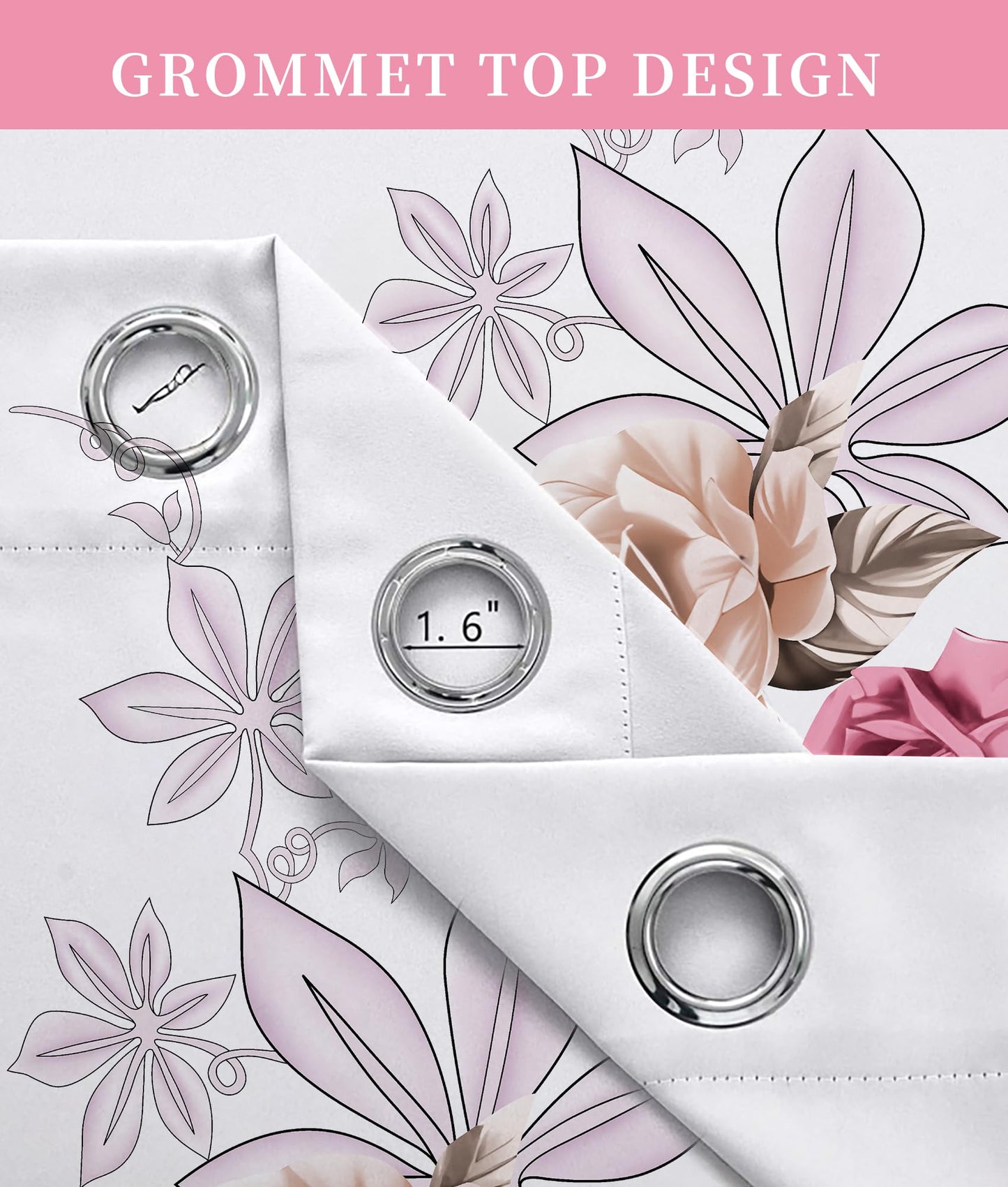 Reylox Pink Rose Floral Curtains with Grommets, 6 Pcs Set (2 Print Curtains, 4 Solid Curtains, 38"x84"), Patterned Decorative Curtains for Bedroom, Machine Washable Elegant Curtains