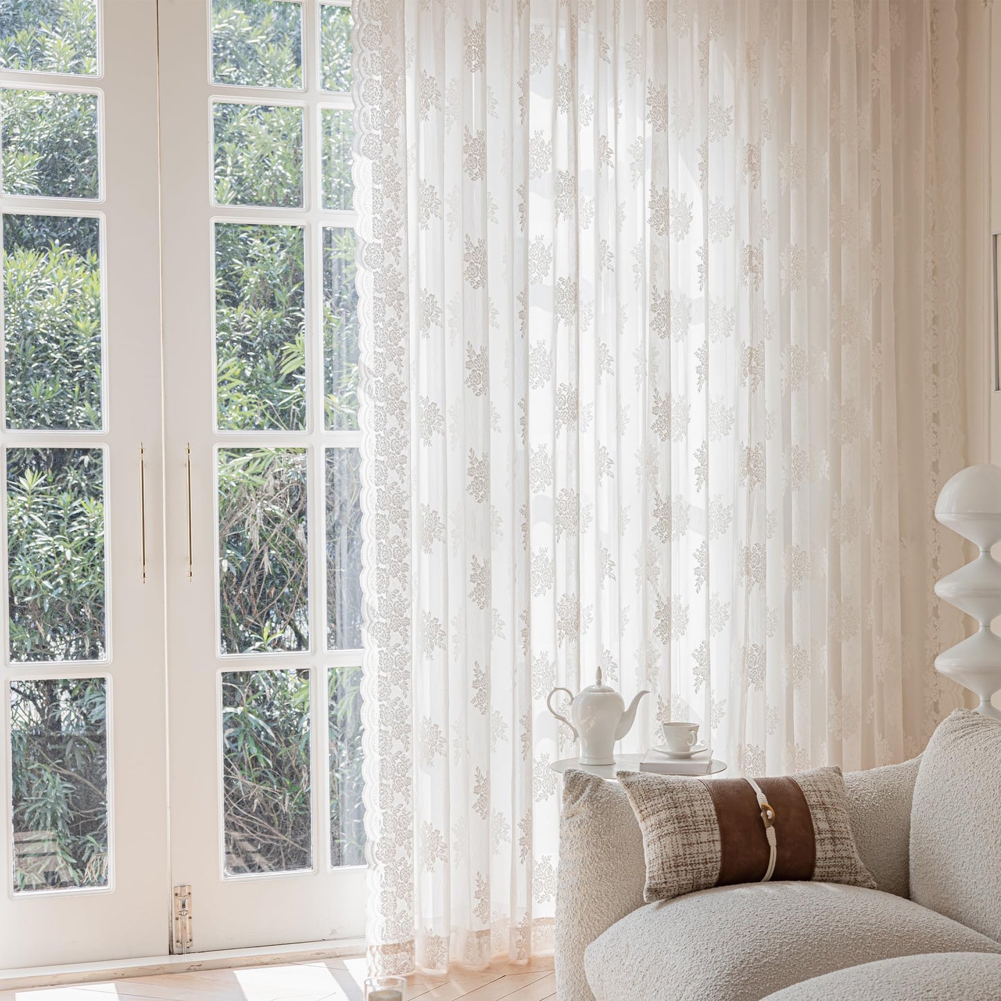 Ivory Lace Curtains 84 Inch Long Vintage Rose with Scalloped Edges Semi Sheer Curtain Drapes for Living Room, Bedroom Cream Lace Window Sheer Curtains with Rod Pocket, 57"W x 84"L, 2 Panels