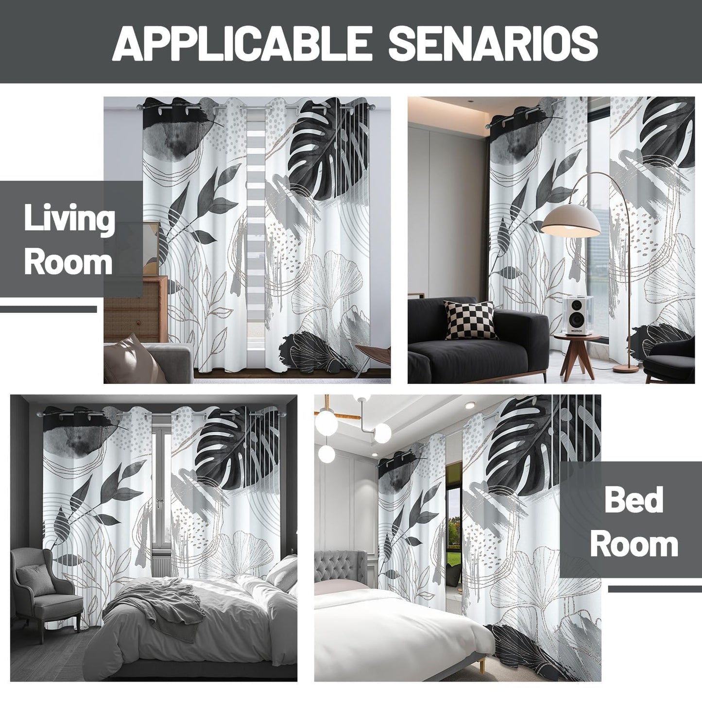 soeeao Boho Grey and White Leaf Blackout Curtains, Bohemian Mid Century Modern Black and Charcoal Gray Palm Window Drapes for Bedroom Living Room, 84 inch Length 2 Panels Set, 52x84 inch