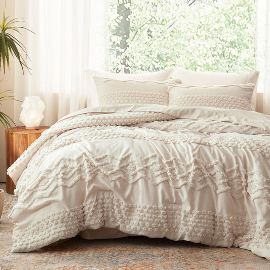 Luxudecor Beige Tufted Comforter Set Queen Size 3 Pieces Boho Shabby Chic Comforter Farmhouse Embroidery Bedding Set Soft Comforter for All Seasons (Beige, 90''x90'')