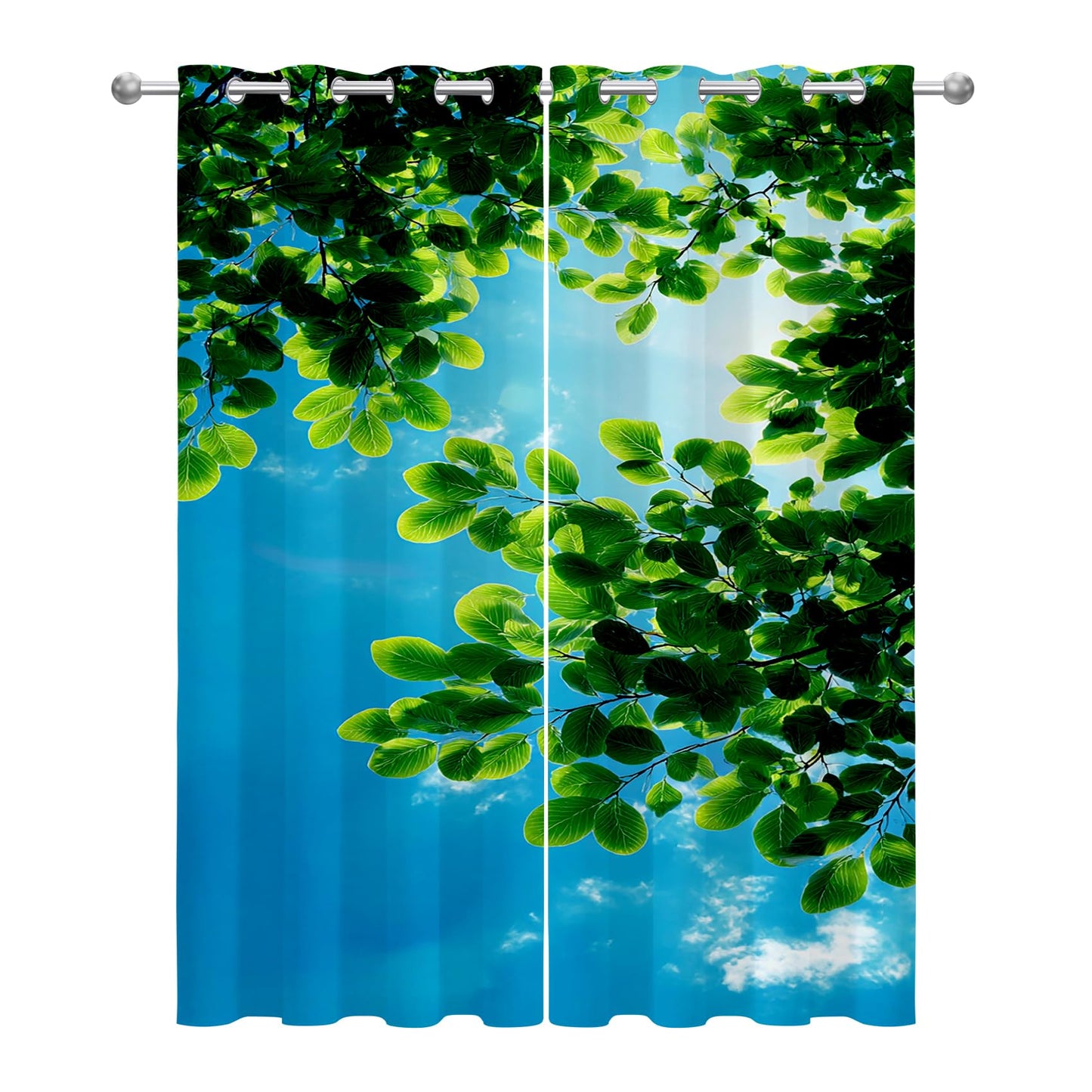 Solvivae Tree Black Out Curtains 63 Inch Long, Blue Sky Green Tree Nature Landscape Curtains for Bedroom Living Room, Room Darkening Thermal Insulated Grommet Drapes, Patterned Window Treatments