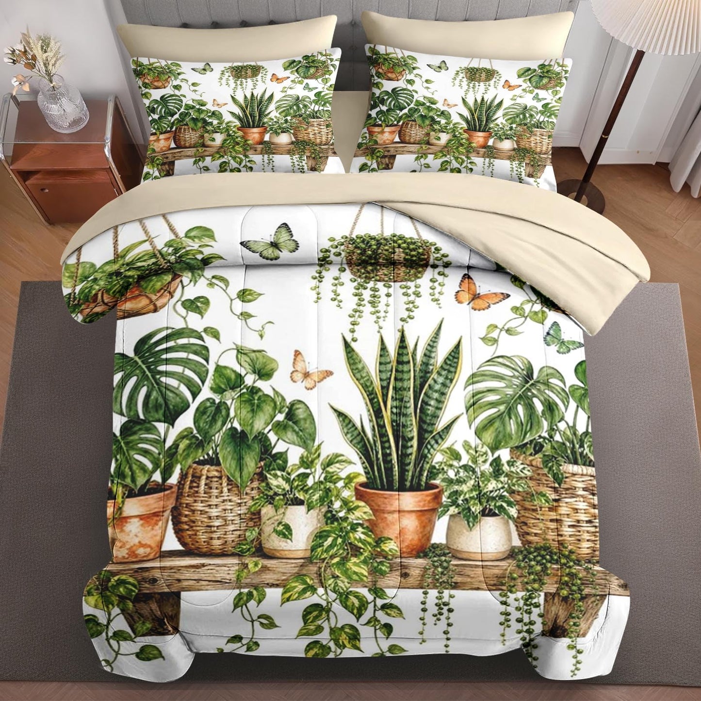 Boewywh Comforter Set Twin Size Plant Botanical Butterfly 7 Pcs, Bedding for Kids and Adults, Bed Sheet Sets with Fitted Sheet 2 Pillowcases & 2 Shams for Bedroom Bed Decor