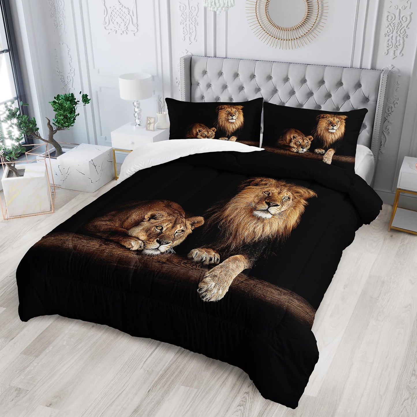 Tuzaovy Lion and Lioness Comforter Set Queen Size,Lion Bedding Set Queen,Queen Animal Print Black Comforter Set,Tropical African Animal 3D Print Bedding Black Bed Set