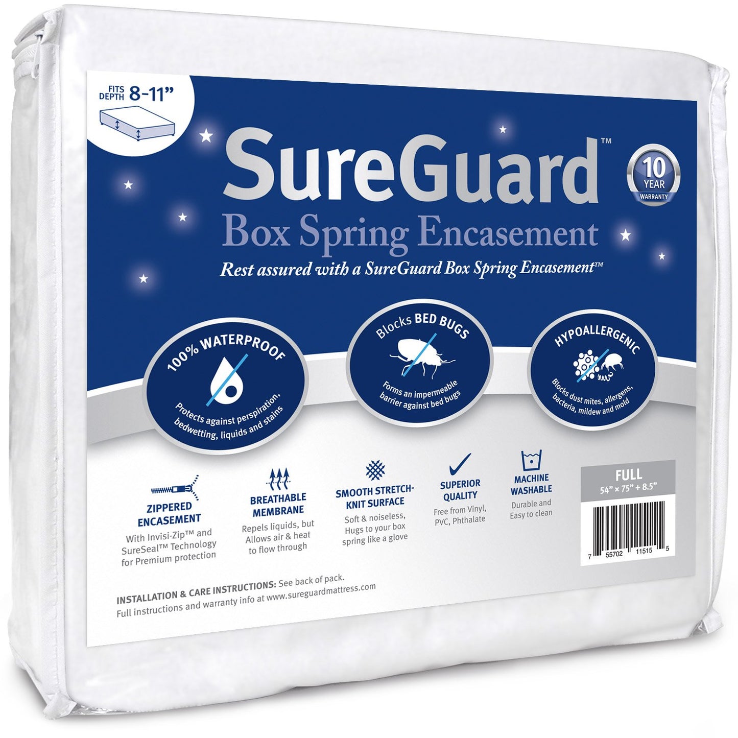 SureGuard Full Size Box Spring Encasement - 100% Waterproof, Bed Bug Proof, Hypoallergenic - Premium Zippered Six-Sided Cover