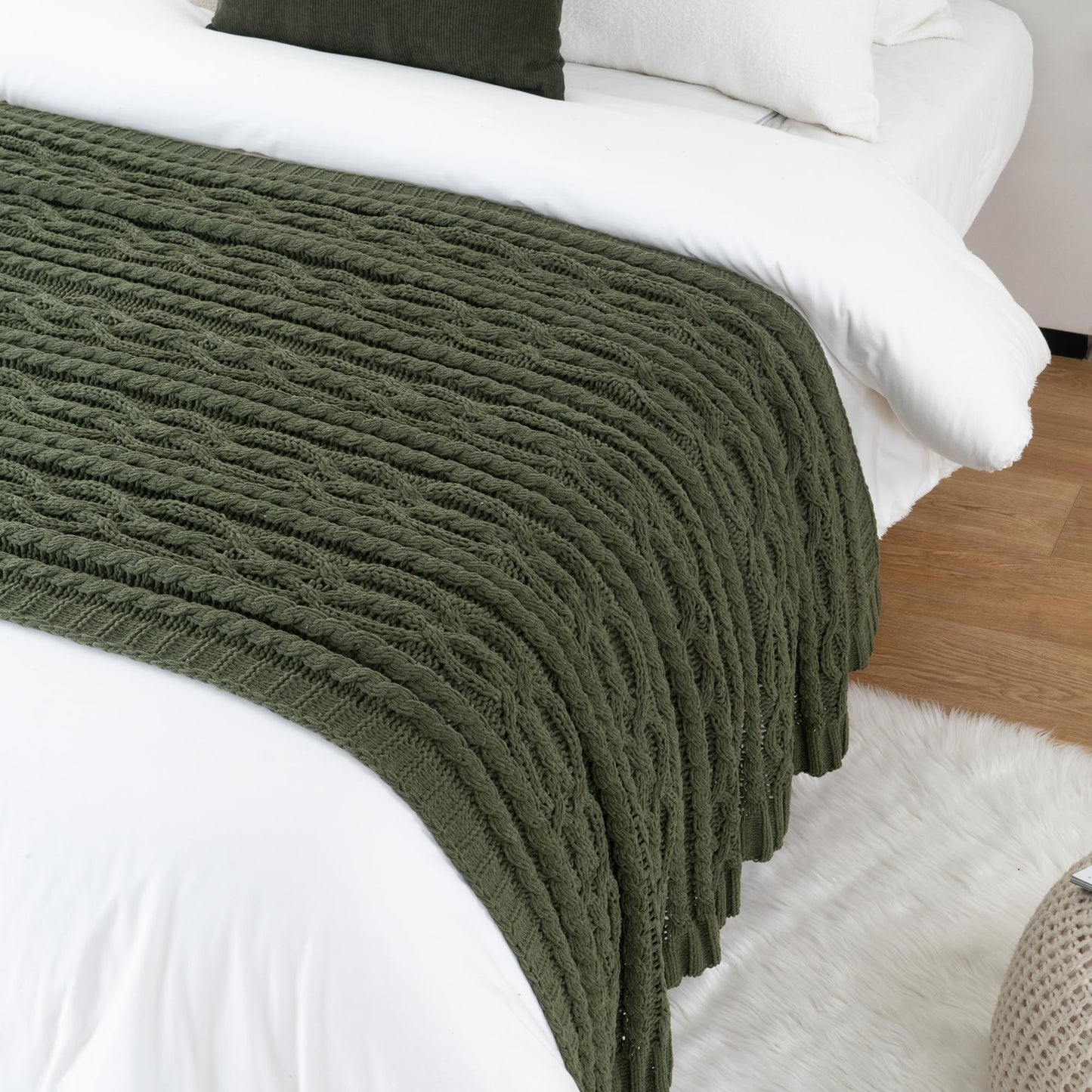 Battilo Olive Green Throw Blanket for Couch, Chunky Cable Knit Blanket, Woven Soft Cozy Chenille Throw Blanket for Bed, Sofa, Chair, Living Room, 51"x67"