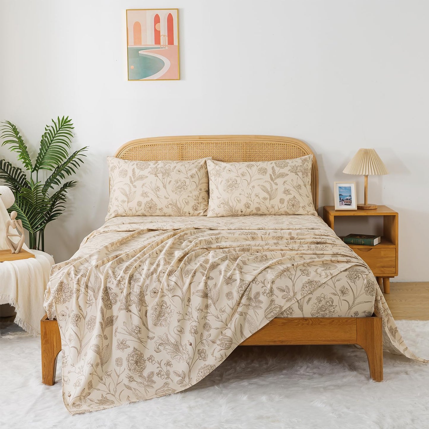 Zusbest Queen Sheet Set 100% Percale Cotton Beige Floral Bed Sheet Set, Brushed for Extra Softness, Breathable Luxury Toile Flannel Sheets Like Khaki Flower Print Deep Pocket Sheets 17.5'' 4 Pcs