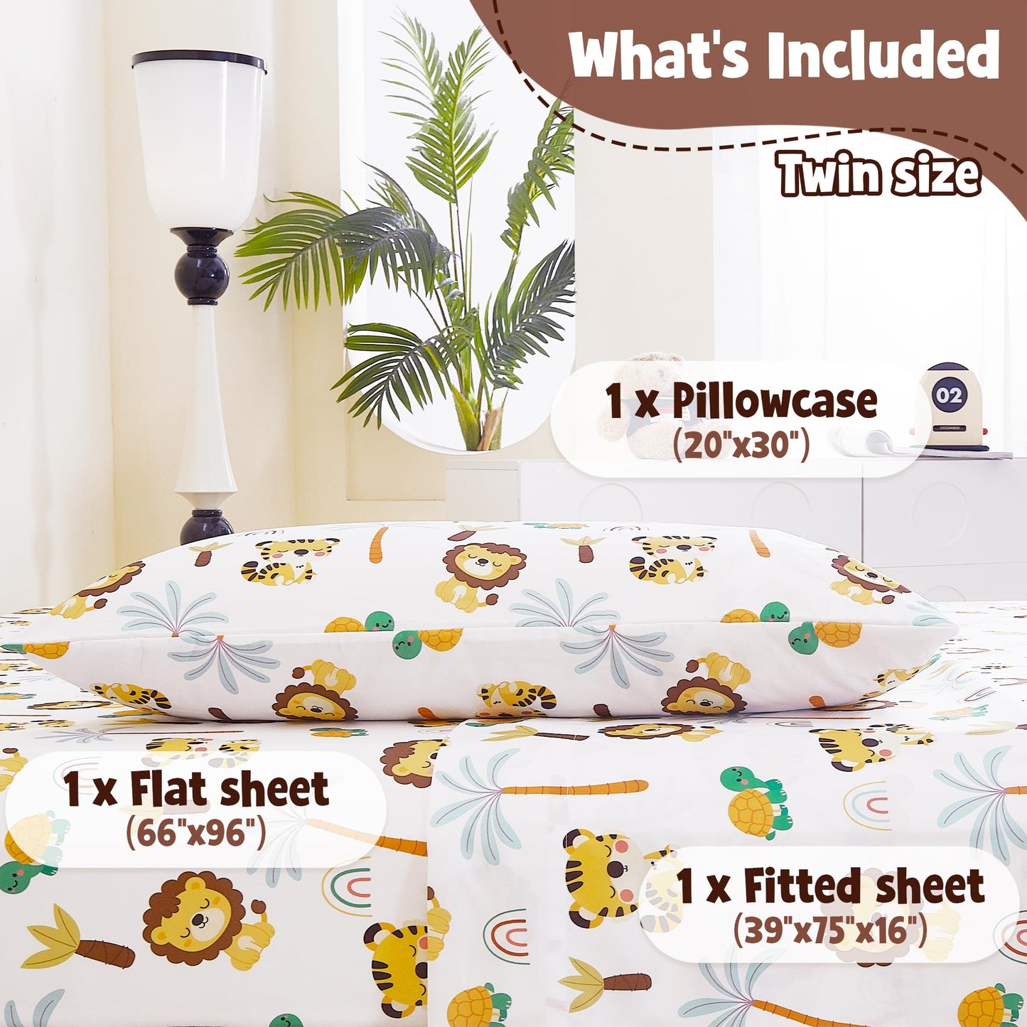 CozySmile Twin Sheet Set Kids,3 Pieces Breathable Soft Microfiber Bedsheets for Child Boys, Oeko-TEX, Anti Pilling Deep Pockets Easy Care Bed Sheets, Lion Tiger