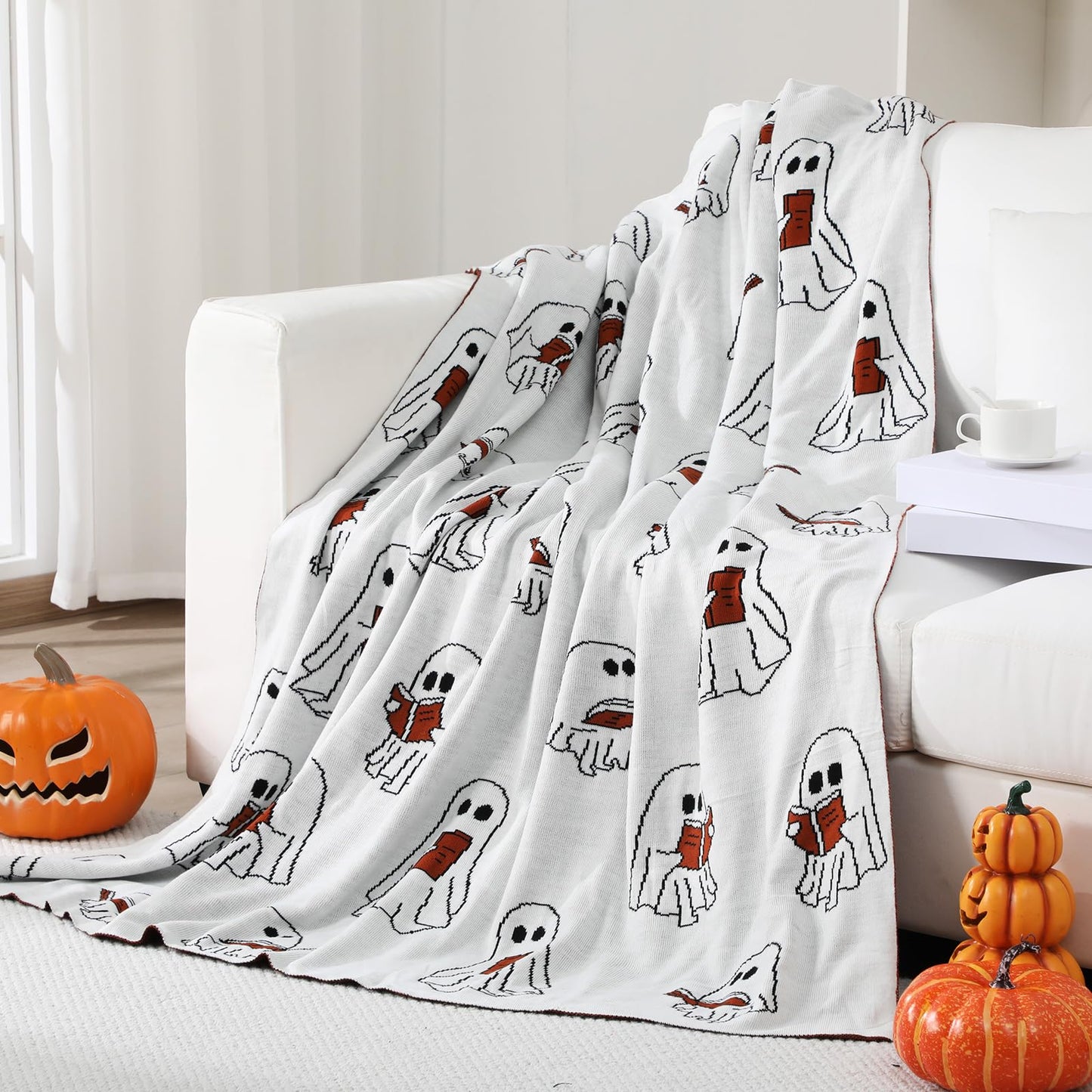 SmoothNovelty Easter Day Halloween Ghost Reading Book Blanket 50 x 60 Inches Soft Knit Throw with Ghosts Reading Book Pattern Halloween Easter Decoration Gift for Living Room Couch Sofa Bed