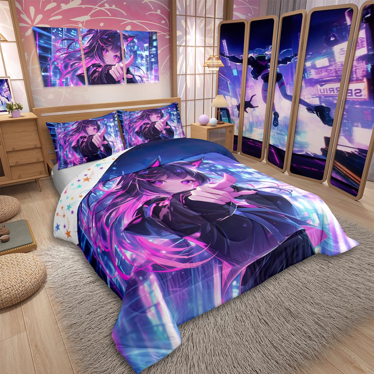 Erosebridal Kids Anime Girl Full Size Comforter Set, Japanese Anime Bedding Set, Cartoon Girl Quilt for Boys Teens Bedroom Decor, Kawaii Japanese Animation Duvet Insert with 2 Pillow Cases