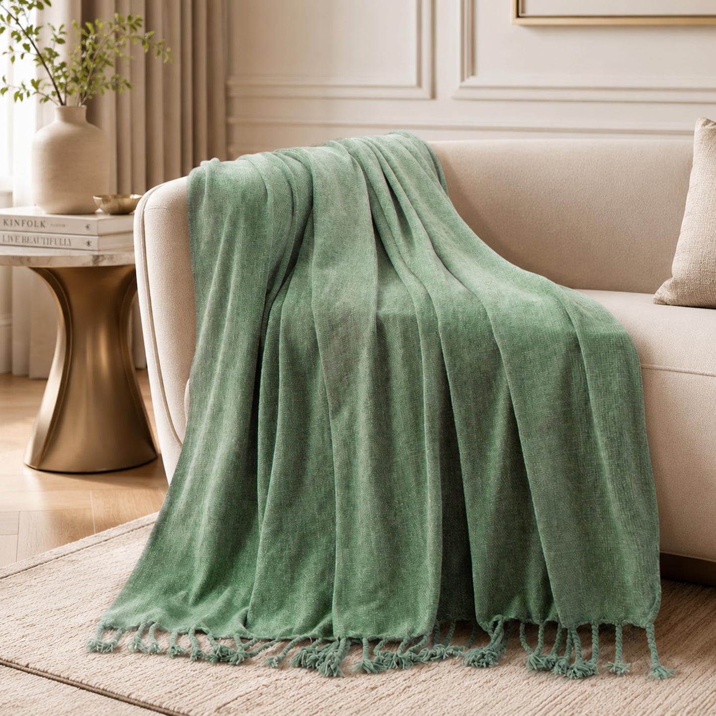BATTILO HOME Sage Green Chenille Throw Blanket for Couch, Soft Cozy Textured Knit Throw Blanket with Handmade Fringe Tassels, Lightweight Decorative Farmhouse Blanket for Sofa Bed Chair, 50"x60"