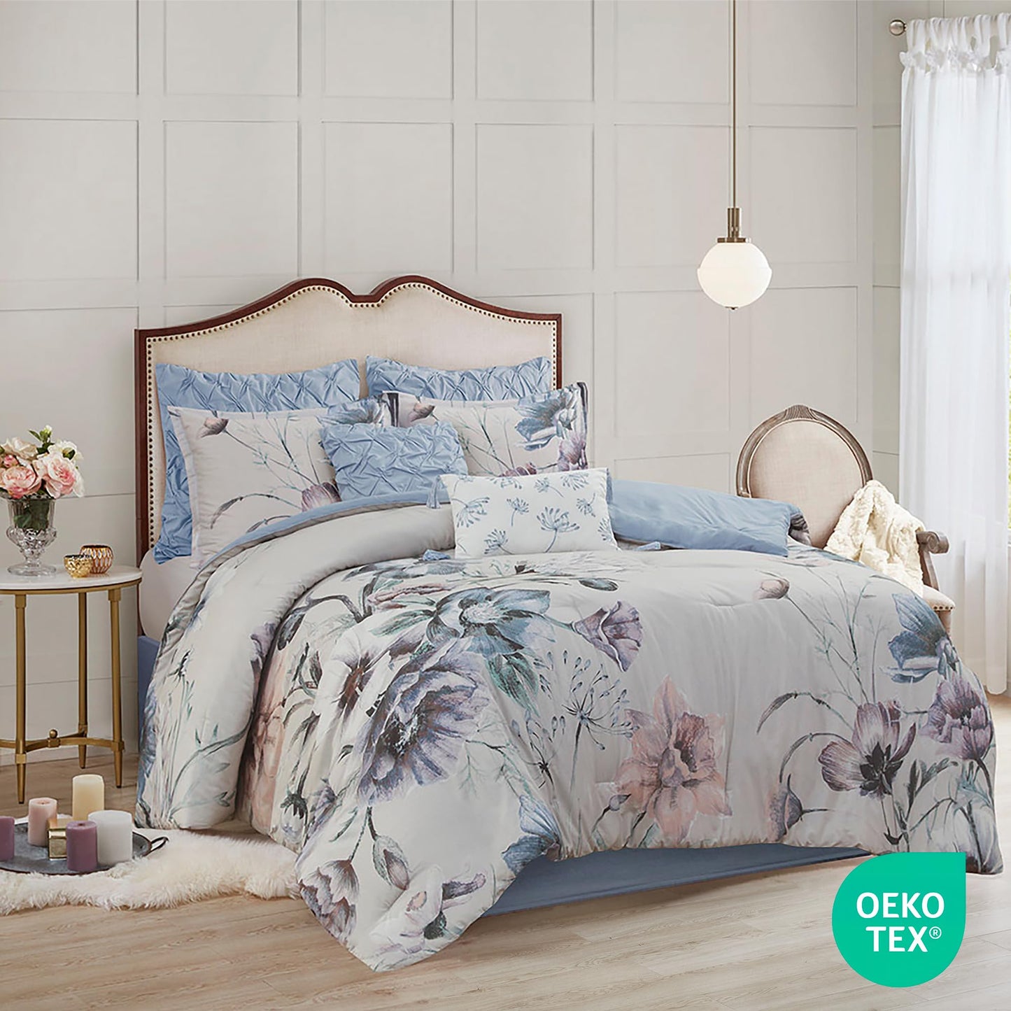 Madison Park Cassandra Cotton Blend Comforter Set - Feminine Design Colorful Floral Print, All Season Down Alternative Bedding Layer and Matching Shams, Queen (90 in x 90 in), Blue 8 Piece