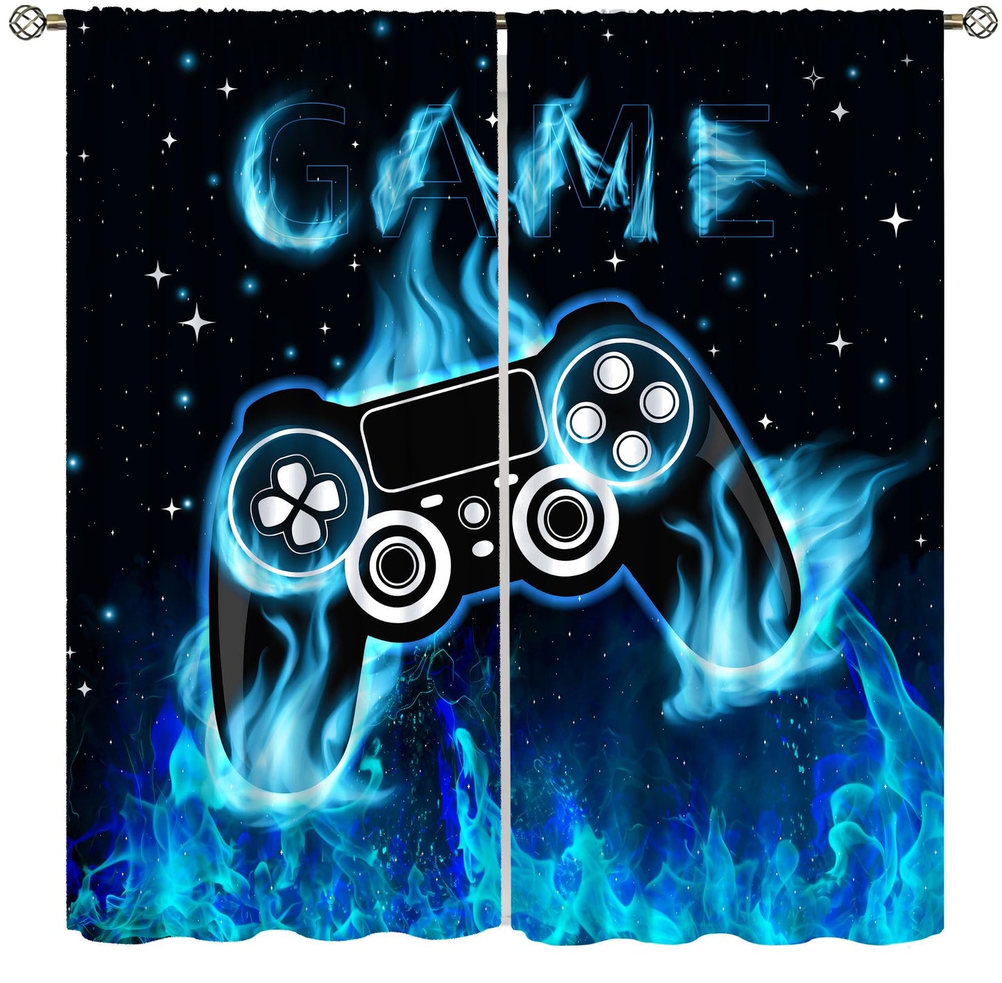 wlsgdsg Blue Gamer Curtains for Boys,Fantasy Cartoon Flame Video Computer Gamepad Starry Window Treatments Print for Kids Teenage Bedroom Living Room 41x44.5in（No Blackout）