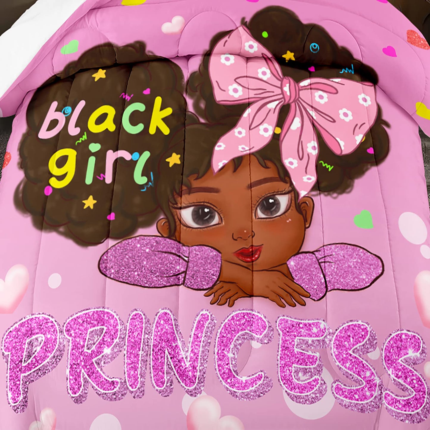 Jiospet Black Girls Comforter Twin - Black Girl Comforter Set for Kids Bedroom Pink Princess Room Decor Kids Bedding Sets for Girls, 1 Comforter +1 Pillowcase
