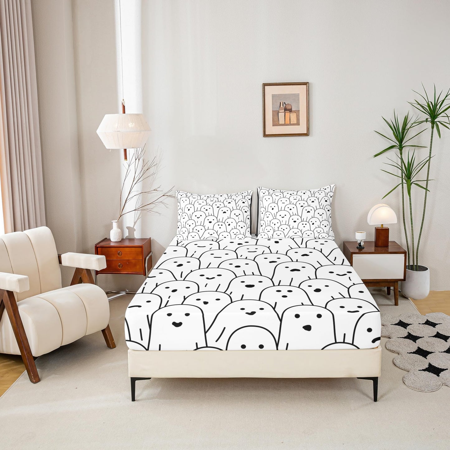 Castle Fairy Cute Ghost Fitted Sheet Queen Size Black and White Bedding Set Halloween Theme Sheet Set,Cartoon Ghost Bed Cover Ultra Soft Breathable Bedspread 3 Pcs for Kids Teens Boys No Flat Sheet