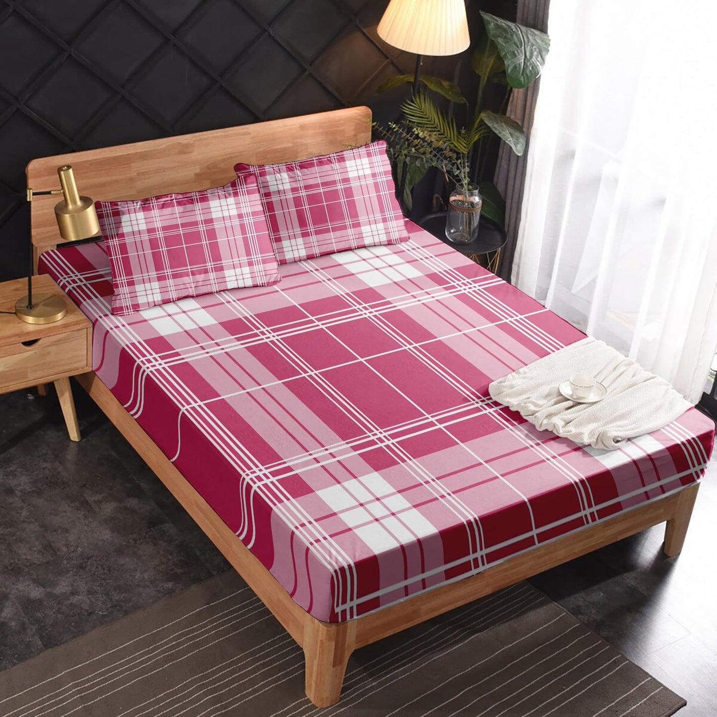 zcsm Pink and White Buffalo Check Sheets Queen Sheet Set - Gingham Bed Sheets, Soft Microfiber & Deep Pocket & Wrinkle Free Bedding Sheets & Pillowcases, 1 Fitted Sheet, 1 Flat Sheet, 2 Pillow Cases