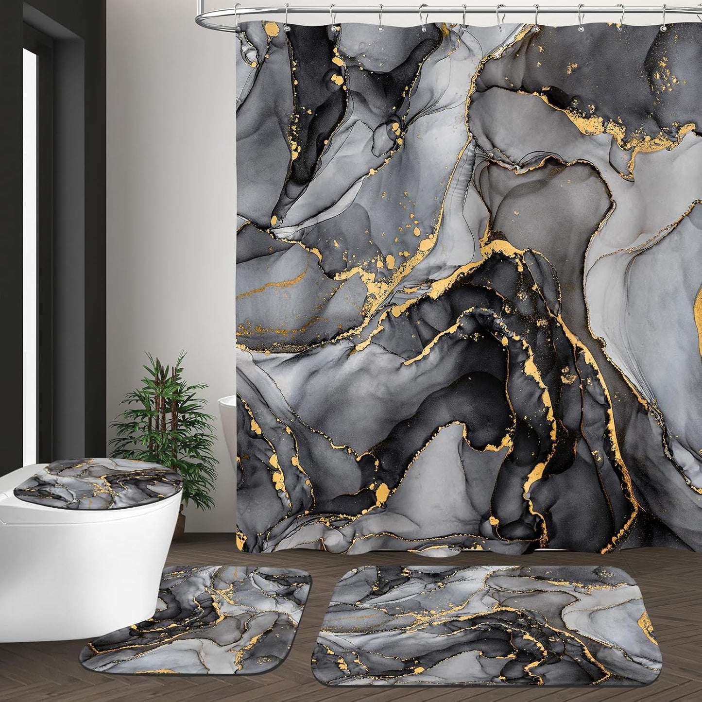 NBVKO 4 Pcs Black Marble Shower Curtain Sets with Rugs Gold Bathroom Sets with Shower Curtain and Rugs Modern Abstract Bathroom Decor Accessories Shower Curtains for Bathroom Toilet Lid Cover