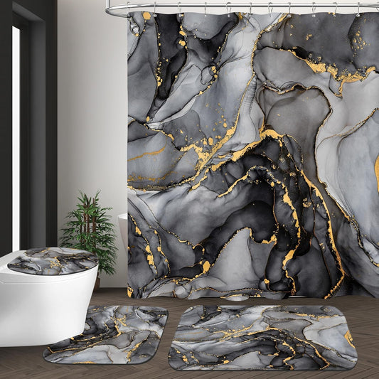 NBVKO 4 Pcs Black Marble Shower Curtain Sets with Rugs Gold Bathroom Sets with Shower Curtain and Rugs Modern Abstract Bathroom Decor Accessories Shower Curtains for Bathroom Toilet Lid Cover