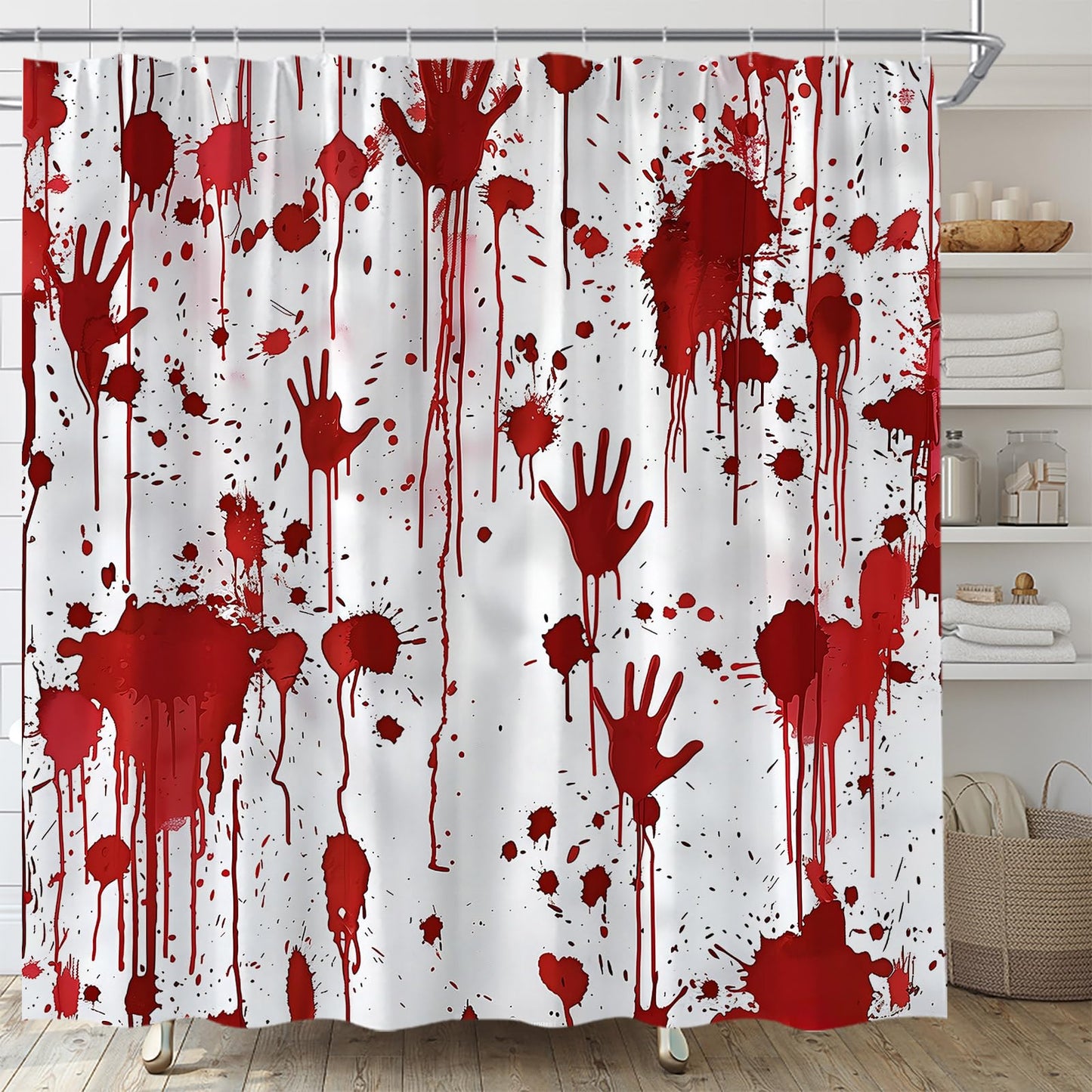 HWSSHW Bloody Halloween Shower Curtain Scary Horror Blood Handprint Red Splash Gothic Spooky Mysterious Terror Fabric Bathroom Decor Bath Curtain with Hooks