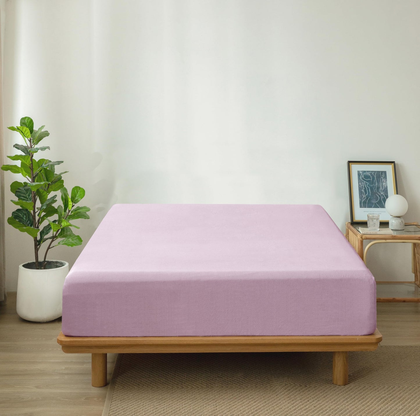 MooMee Fitted Bottom Sheet Only 100% Washed Cotton Linen Like Textured Breathable Durable Soft Comfy Deep Pocket Fits Mattress up to 17" (Light Purple, Queen)