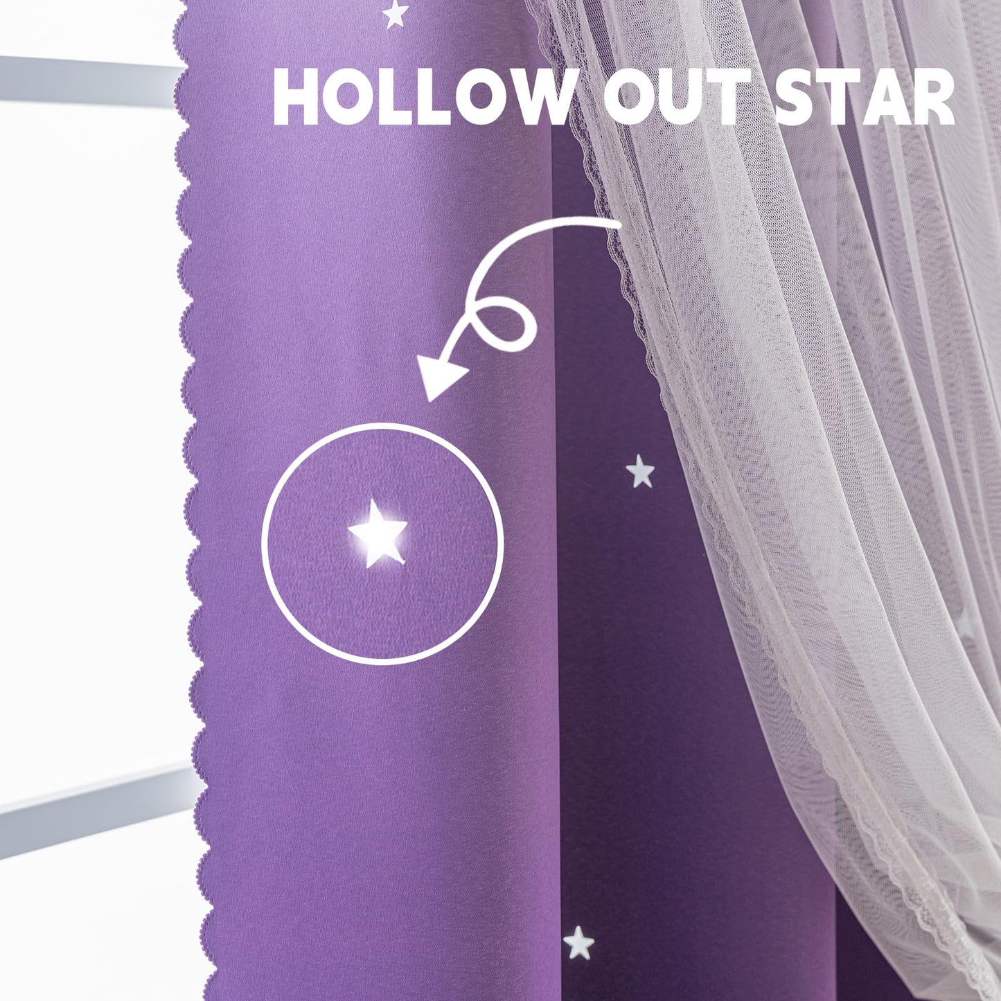 indistar Colourful Stripe Star Cut-Out Blackout Curtains for Bedroom,2 Layers Mix Design of Fabric & Tulle,Pretty Window Curtain for Kids Room 1 Panel (W52 x L72 Dark Purple)