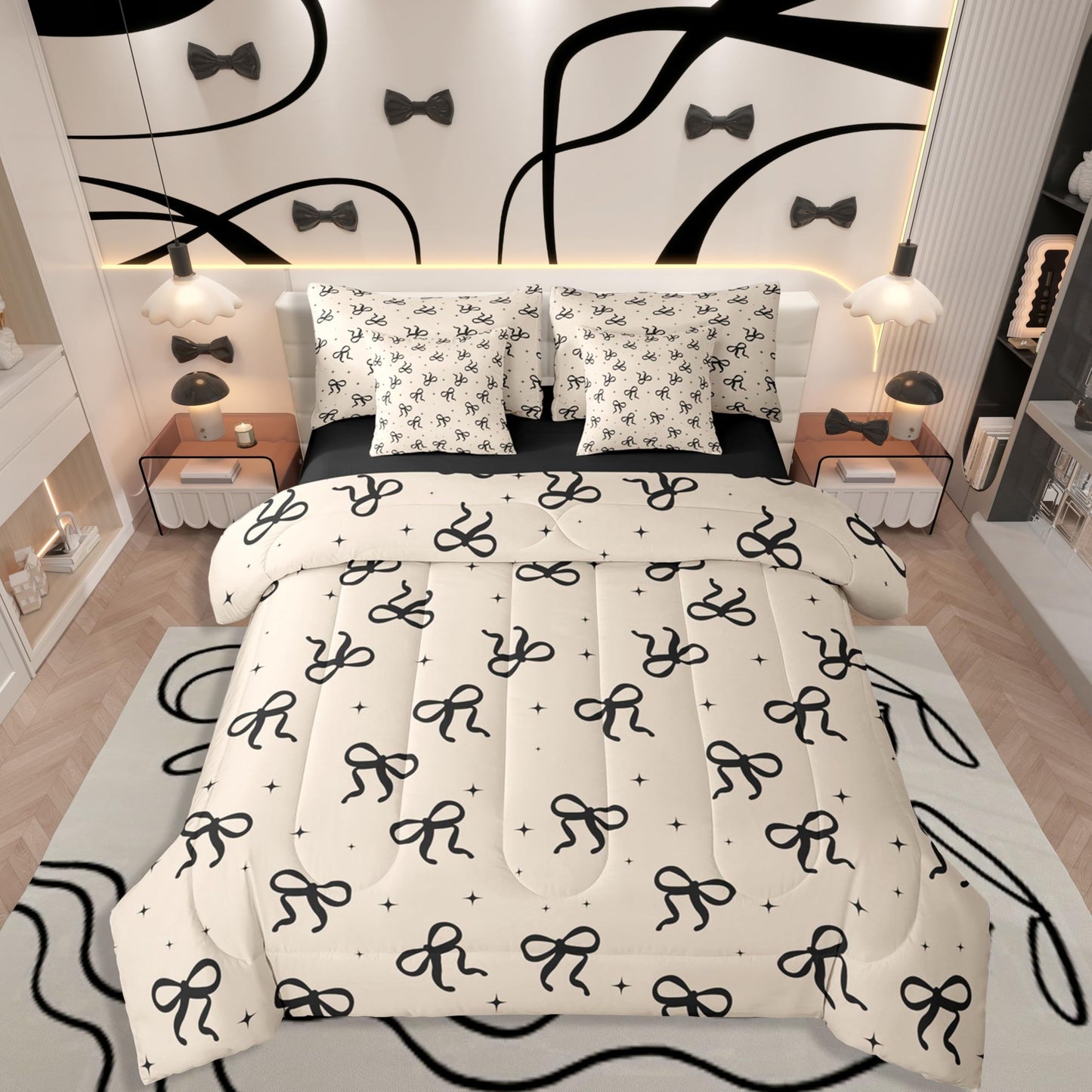 Erosebridal Black and Beige Bow Bedding Set 7-Piece for Girls Women Coquette Modern Fashion Twin Size Comforter Set with Sheets Preppy Aesthetic Girly Bow Bed in A Bag for Kids Teens Adults