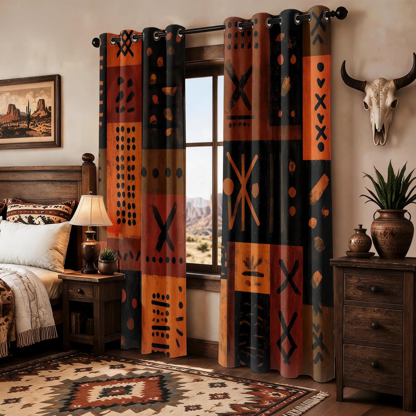 African Tribal Curtains 54 Inch Length 2 Panels Set, Mud Cloth Geometric Patchwork Patterned Blackout Curtains for Kitchen, Thermal Insulated Room Darkening Grommet Drapes