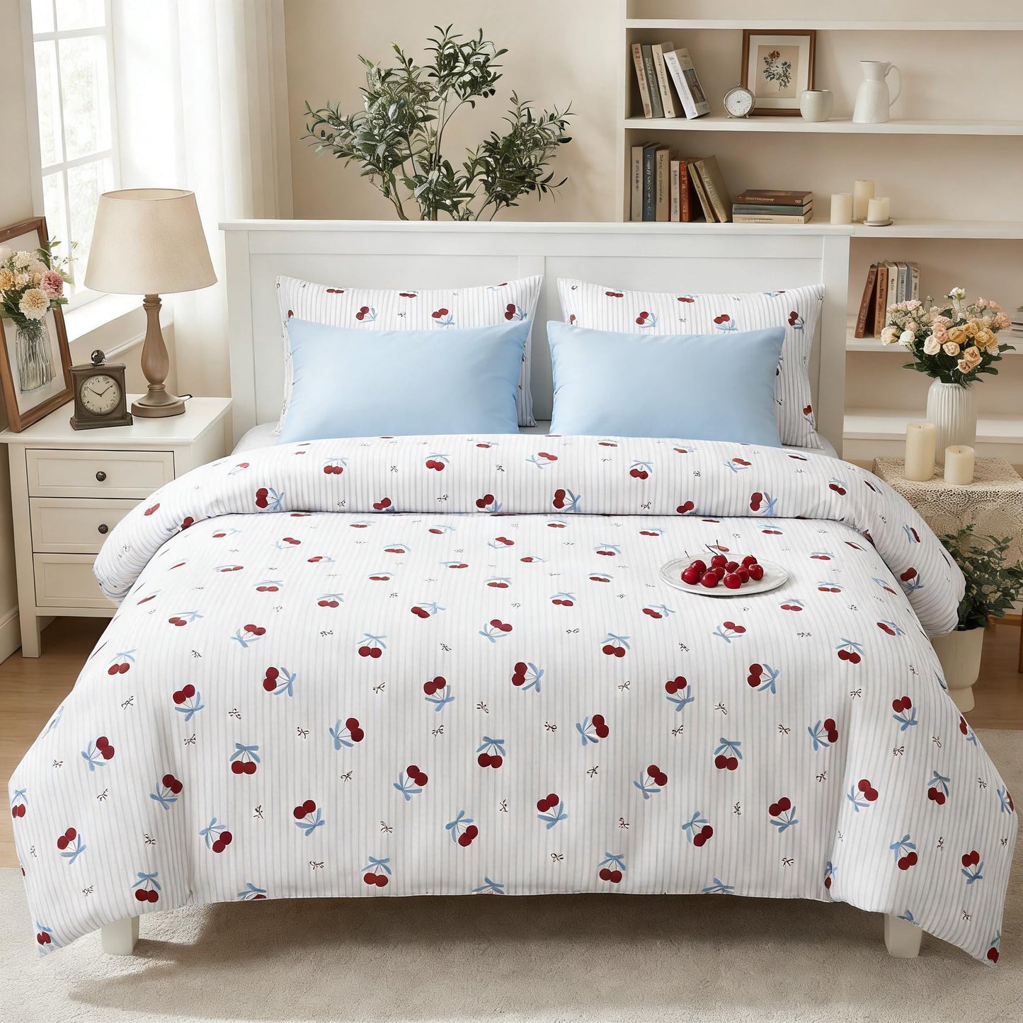 Sedefen Striped Duvet Cover Queen Size Pink Bow Cherry Duvet Cover Set Kids Boys Girls Aesthetic Blue Stripe Bows Printed on White Beddng Set Reversible Soft Breathable Microfiber 3 Pcs