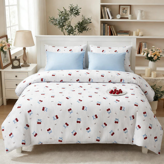 Sedefen Striped Duvet Cover Queen Size Pink Bow Cherry Duvet Cover Set Kids Boys Girls Aesthetic Blue Stripe Bows Printed on White Beddng Set Reversible Soft Breathable Microfiber 3 Pcs