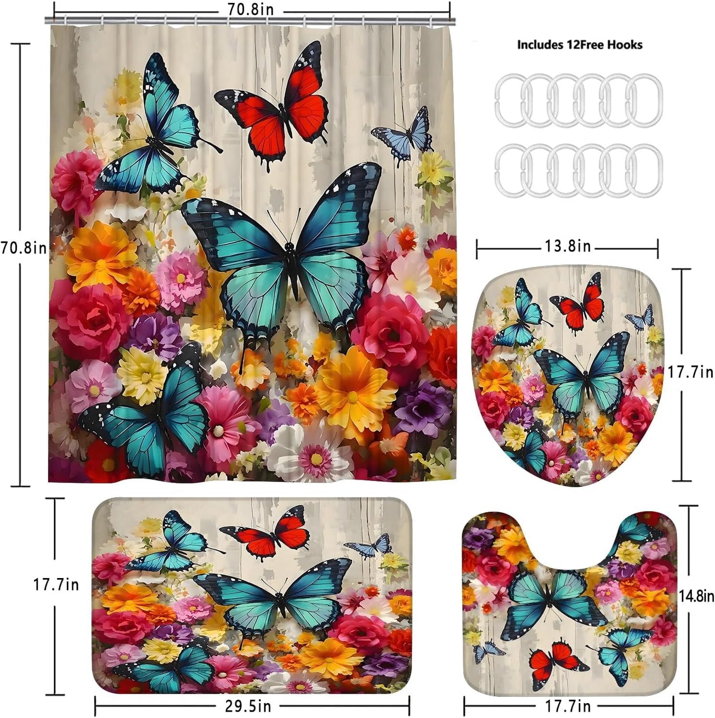 Chrainy 4pcs Shower Curtain Set for Bathroom and Toilet Butterfly Floral Bathroom Decor Sets with Flower Shower Curtain and Accessories Bath Mat,U Shape and Toilet Lid Cover Bathroom Set