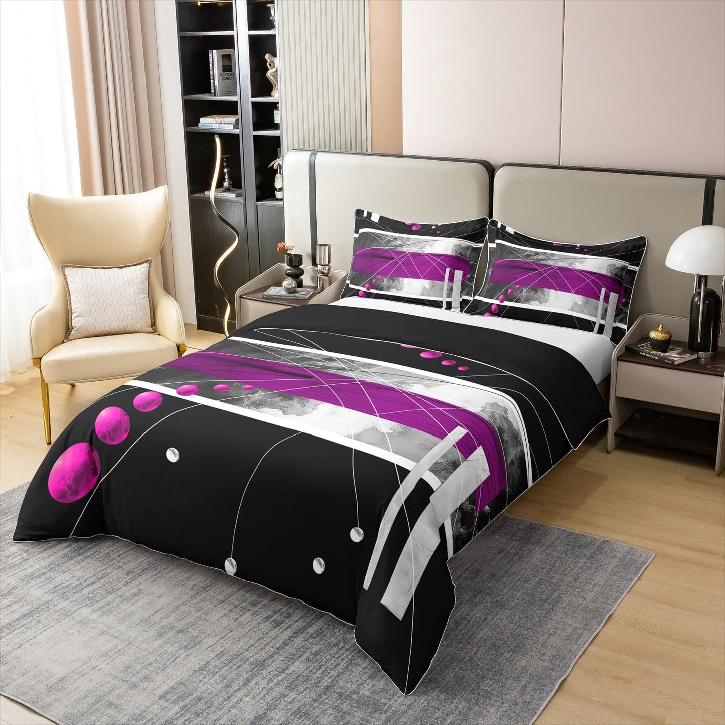 jejeloiu Purple Coal Black Duvet Cover 100% Cotton King Size Kids Abstract Geometric Comforter Cover for Boys Girls Teens Modern Art Bedding Set Breathable Soft Room Decor