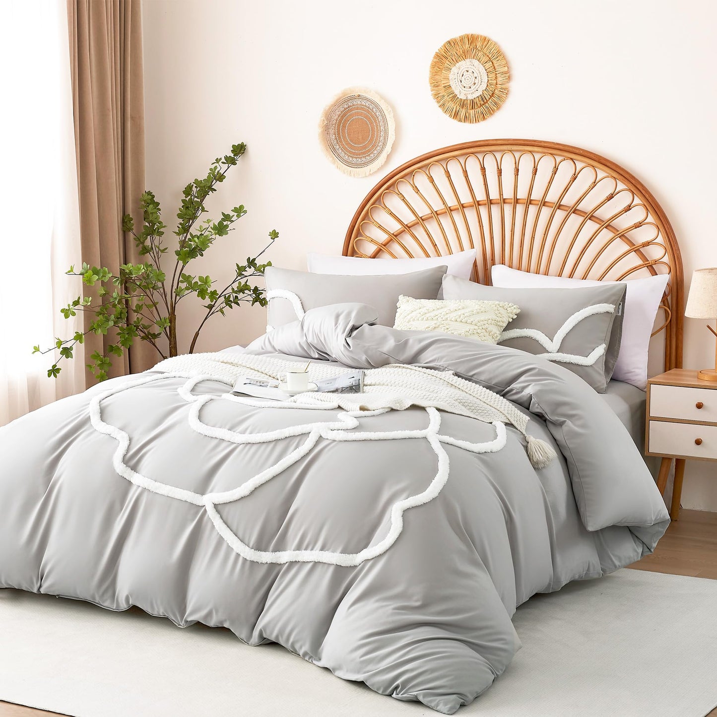 Ubo&Heng'er Duvet Cover Queen Size, 3 Pieces Duvet Covers Set, Boho Tufted Comforter Sets with Zipper Closure, Soft Breathable Floral Bedding Set for All Seasons(Grey, Queen, 90"x90")