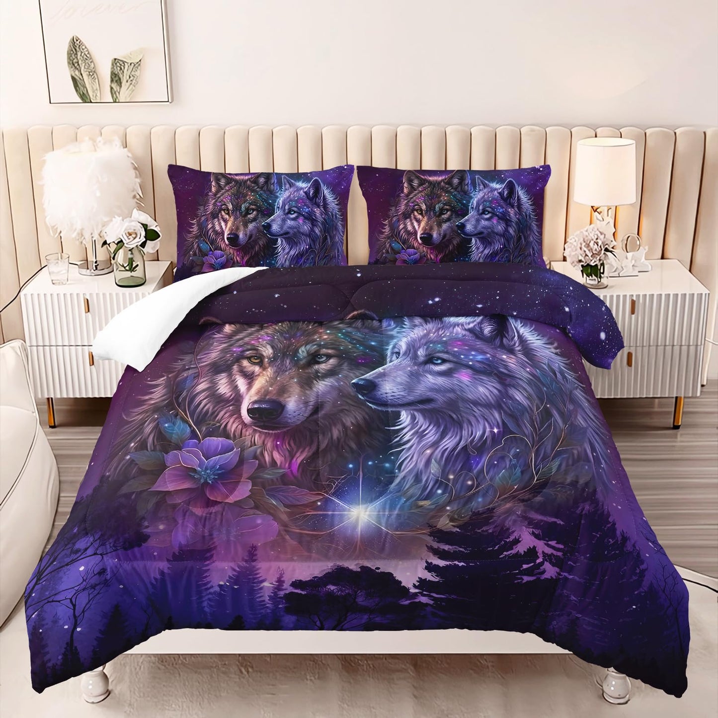 AILONEN Wolf Comforter Set Queen Size - 3Pcs Purple Starry Night Galaxy Bedding for Boys Men, Wild Animals Print Duvet with 2 Pillowcases