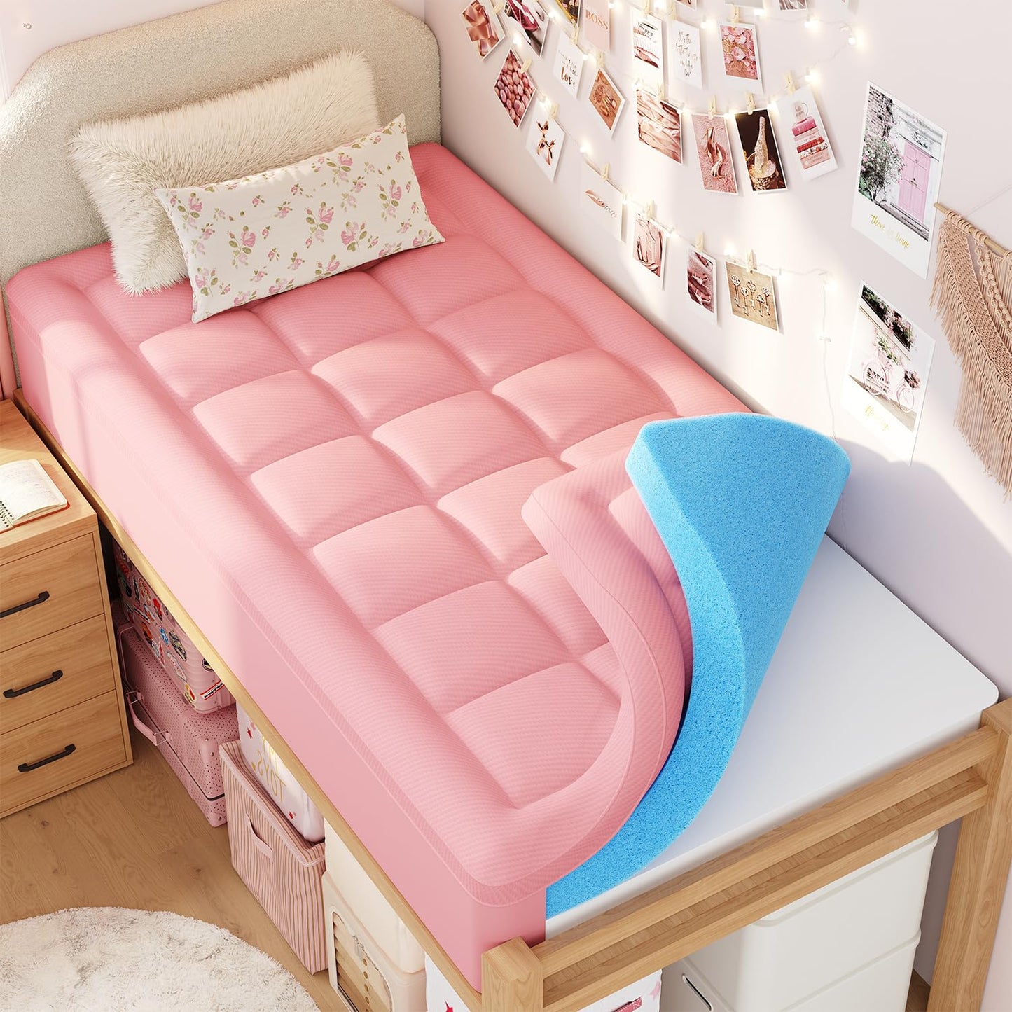 ELEMUSE 4 Inch Pink Dorm Twin XL Dual Layer Memory Foam Mattress Topper College Essentials for Girls, 2 Inch Cooling Gel Foam with 2 Inch Plush PillowTop, Aesthetic Pressure Relief Comfortable Support