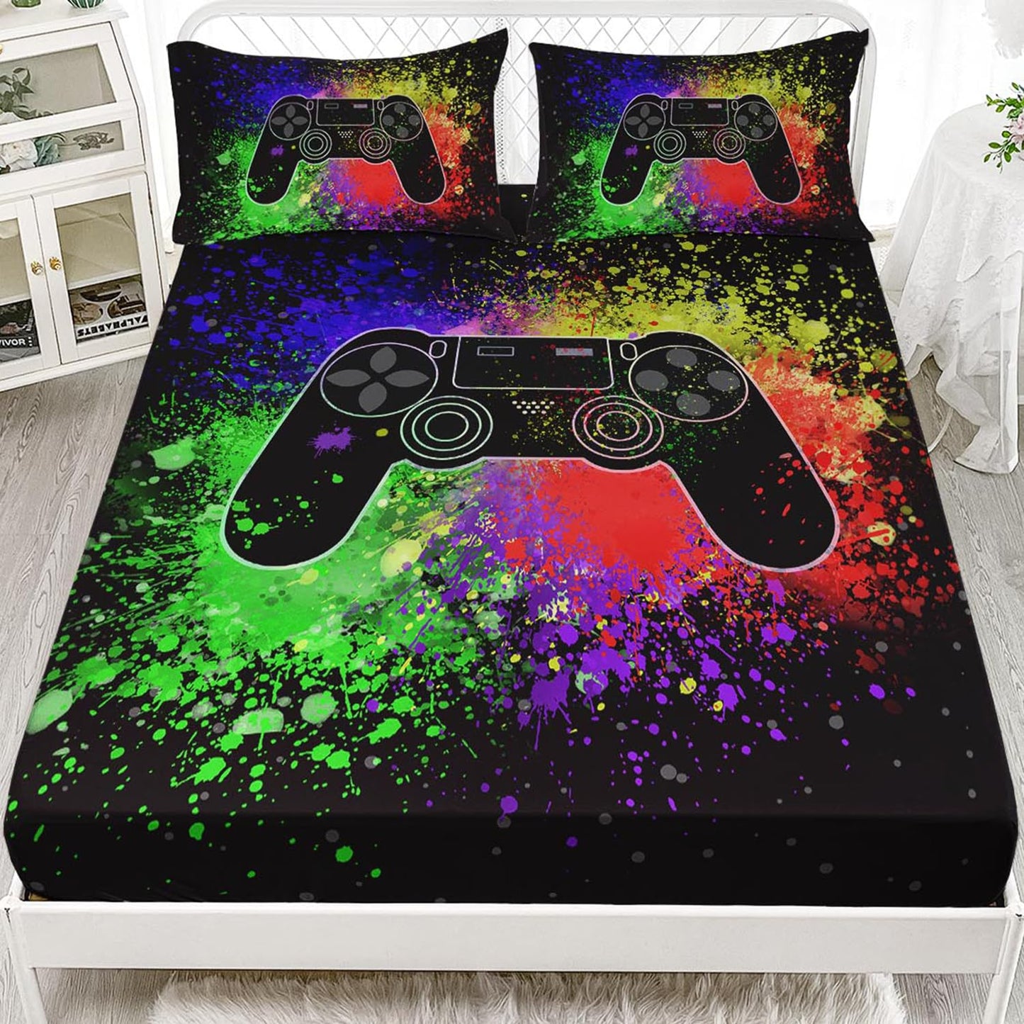 HOSIMA Gaming Bedding Gamepad Fitted Sheet Twin Size and Gamer Bedding Sets for Boys Used to Gamer Room Decor,1 Fitted Sheet+2 Pillowcases.