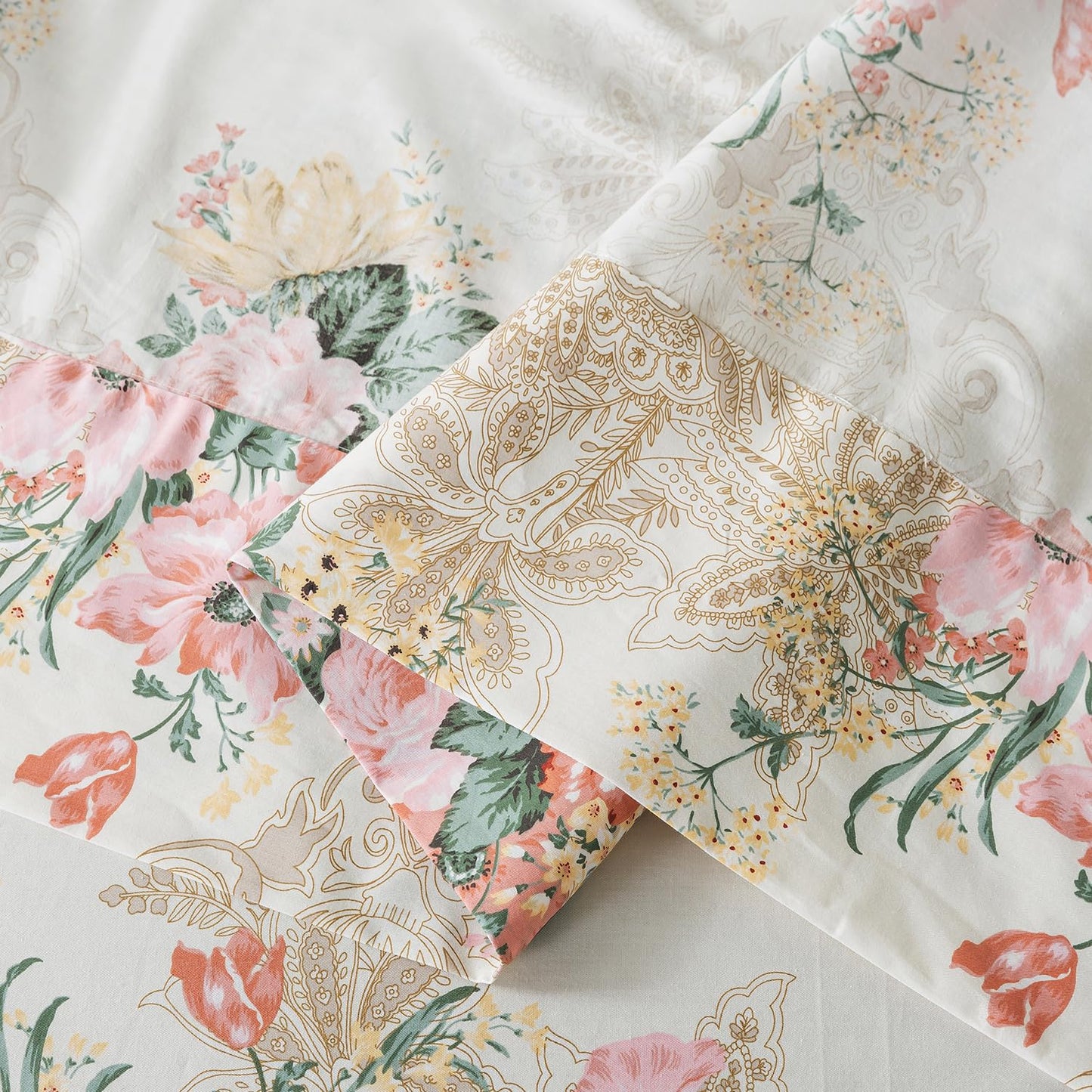 Zusbest- Queen Sheets, Soft 100% Cotton Pink & Cream Floral Bed Sheets,Shabby Vintage Chic Peony Flower Printed Sheets, Breathable Luxury Bedding 4 Piece Deep Pocket Sheets
