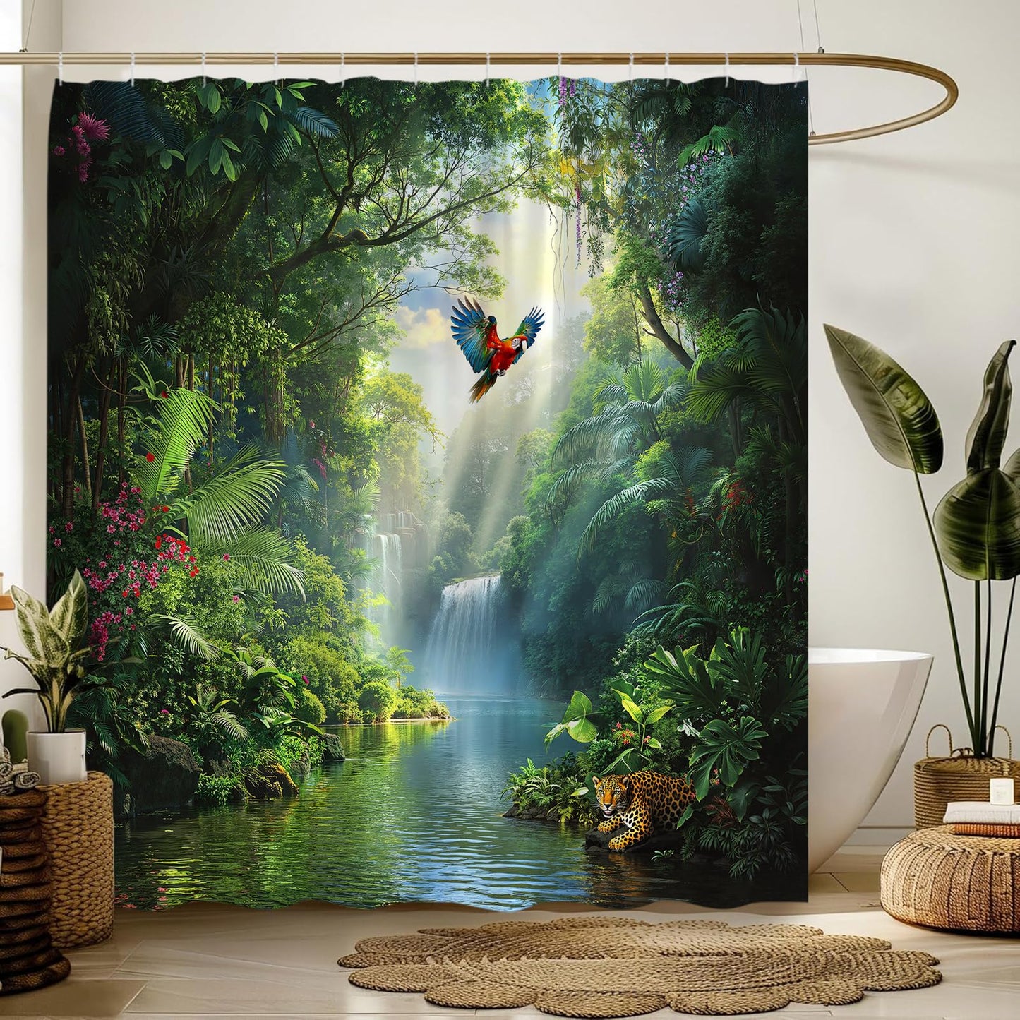 Rainforest Waterfall Shower Curtain Green Nature Forest Waterfall Wild Animal Leopard Parrot Tropical Plant Jungle Scenery Bathroom Fabric Curtain with Hooks,70x70 Inches