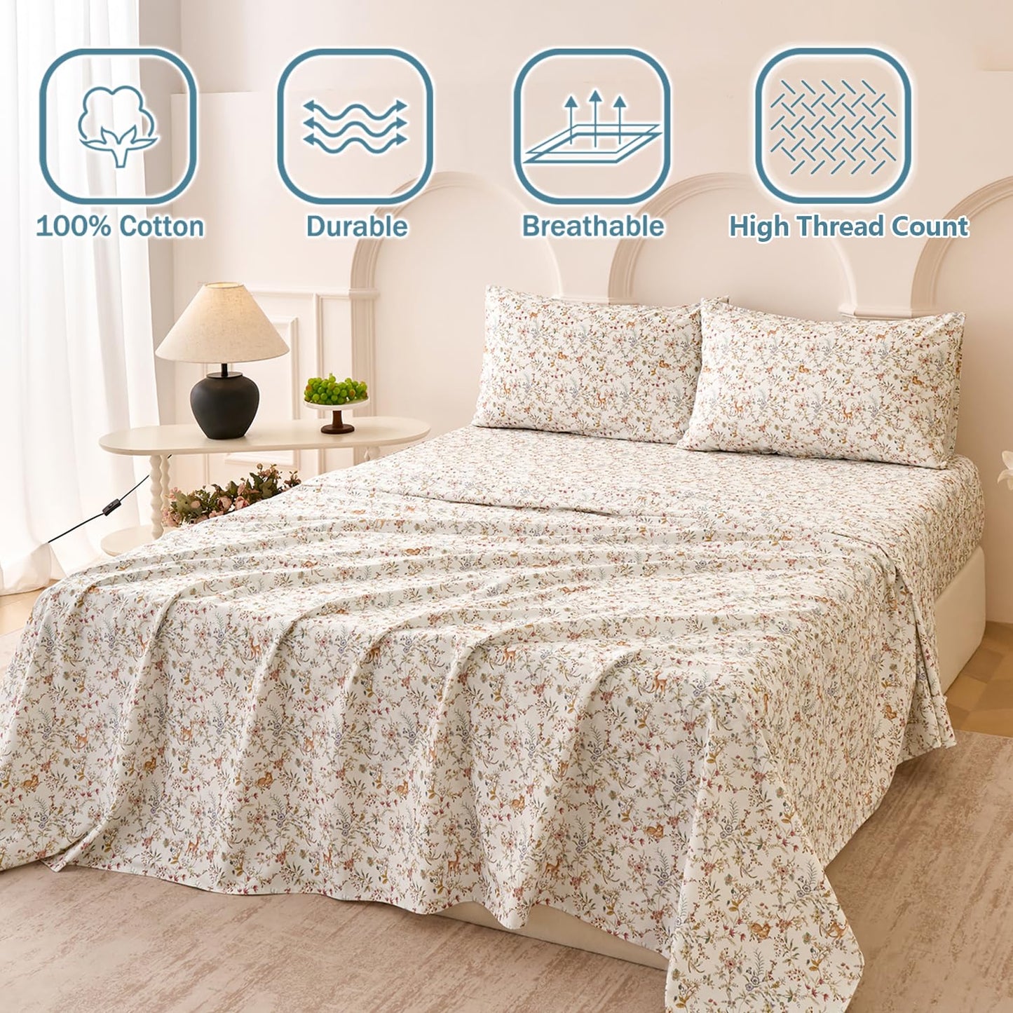 Huborise Orange King Size Sheet Set 100% Cotton Flannel-Like Warm Luxury Animal & Floral Bed Sheets 4Pc Deep Pocket 17.5", Double Brushed Extra Soft Breathable, Fall/Winter French Country Bedding