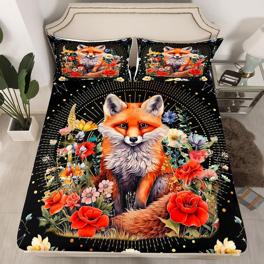 Cute Fox Fitted Sheet Queen Size,Colorful Flower Leaves Bedding Set 3Pcs for Kids Girls Boys Teens Room Decor,Geometric Gold Sun Moon Bed Sheet Boho Animals Plants Deep Pocket Sheet,2 Pillowcases