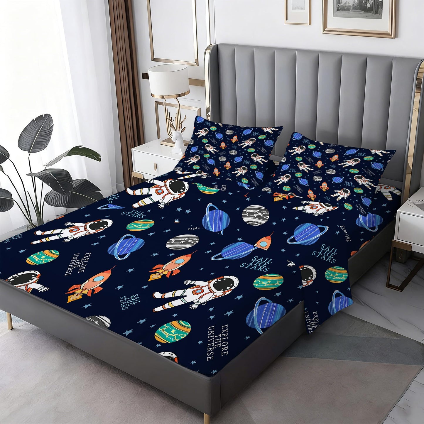 VTKON Navy Blue Space Sheets Set Twin for Boys Bedroom Kids Cartoon Space Rocket Planets Bedding Set with 1 Fitted Sheet, 1 Flat Sheet and 2 Pillowcases