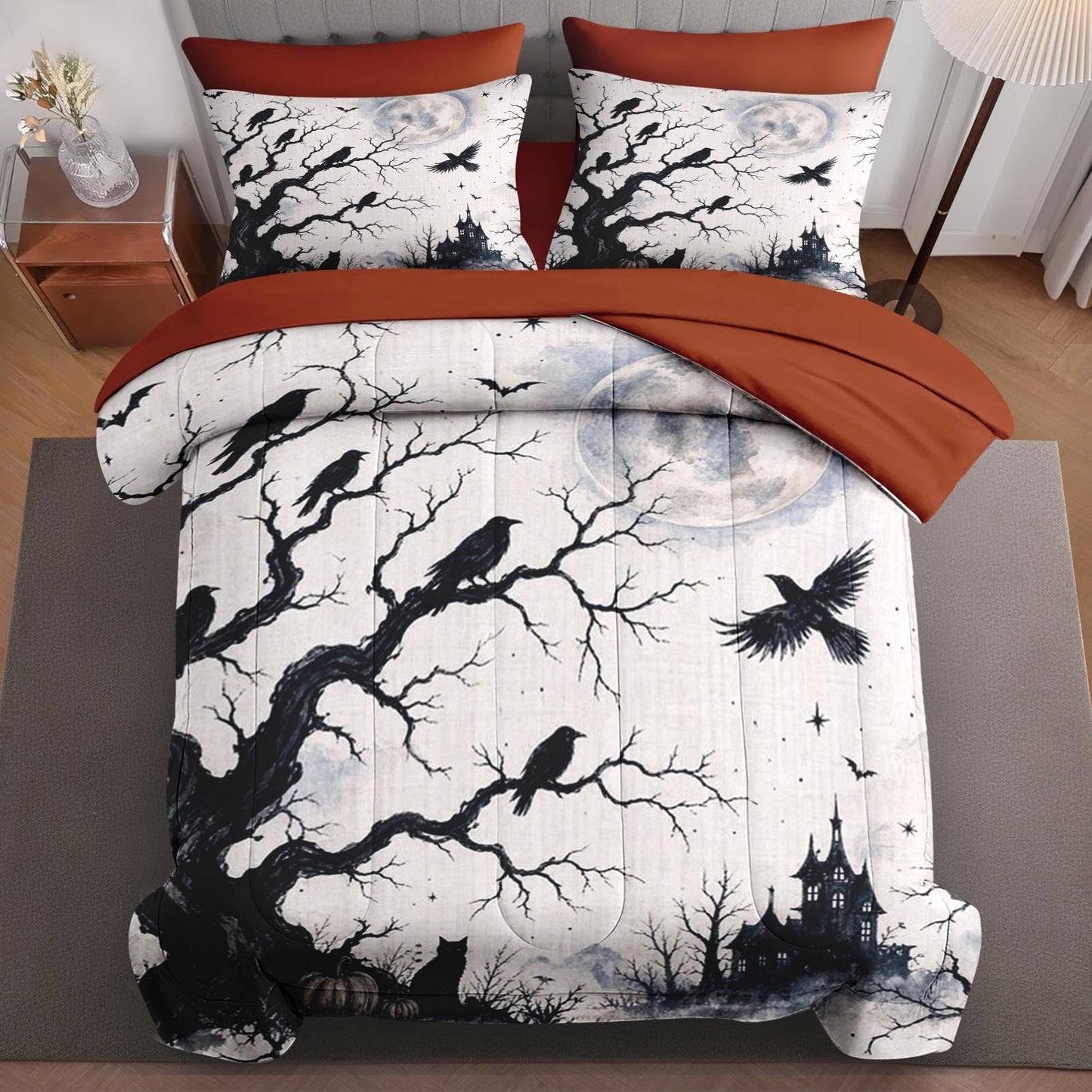 Boewywh Comforter Set Twin Size Halloween Gothic Spooky 5 Pcs, Bedding for Kids and Adults, Bed Sheet Sets with Fitted Sheet Pillowcase & Sham for Bedroom Bed Decor