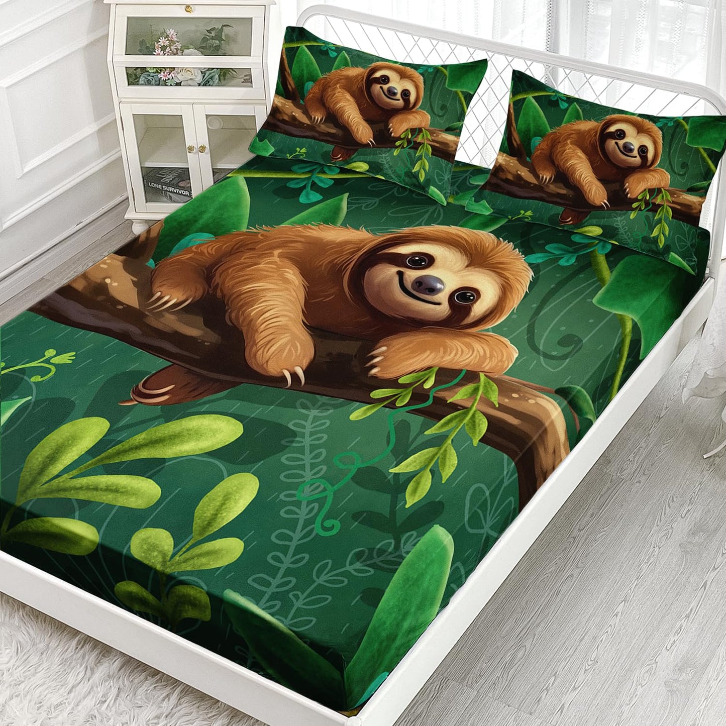 AILONEN Cute Sloth Fitted Sheet Twin Size, Cartoon Sloth on a Branch Bedding Set for Kids Girls Boys,Kawaii Animal Bed Sheet Set,Green Plant Bedsheets Set,1 Fitted Sheet 2 Pillowcases,3 PCS
