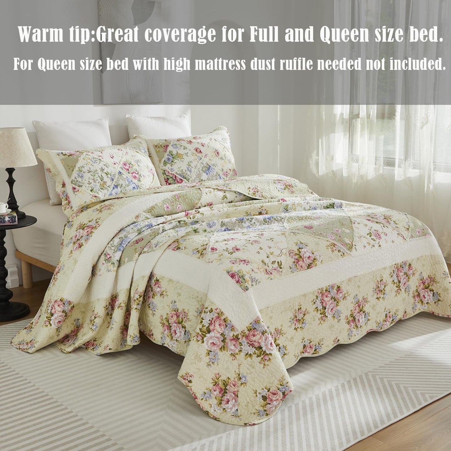 Brandream Patchwork Quilts Cotton Queen Size Country Rustic Rose Floral Bedding Coverlet Set 3-Piece Pale Yellow