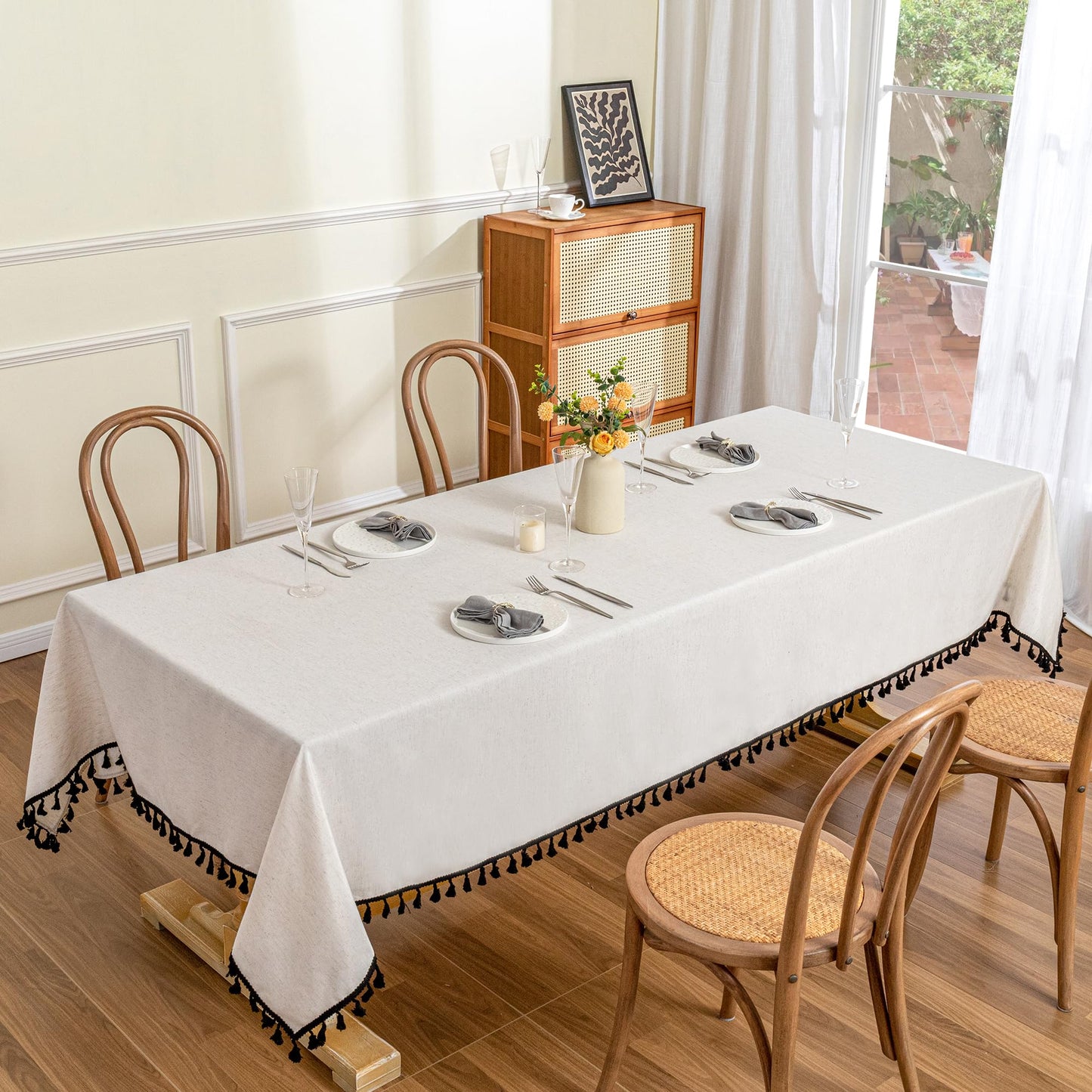 MYSKY HOME Table Cloth 60x84 in Rectangle Table, Cotton Tassel Linen Look Waterproof Tablecloths Farmhouse Tablecloth, Wrinkle Free Table Cover with Black Tassels for Kitchen Dining, Party