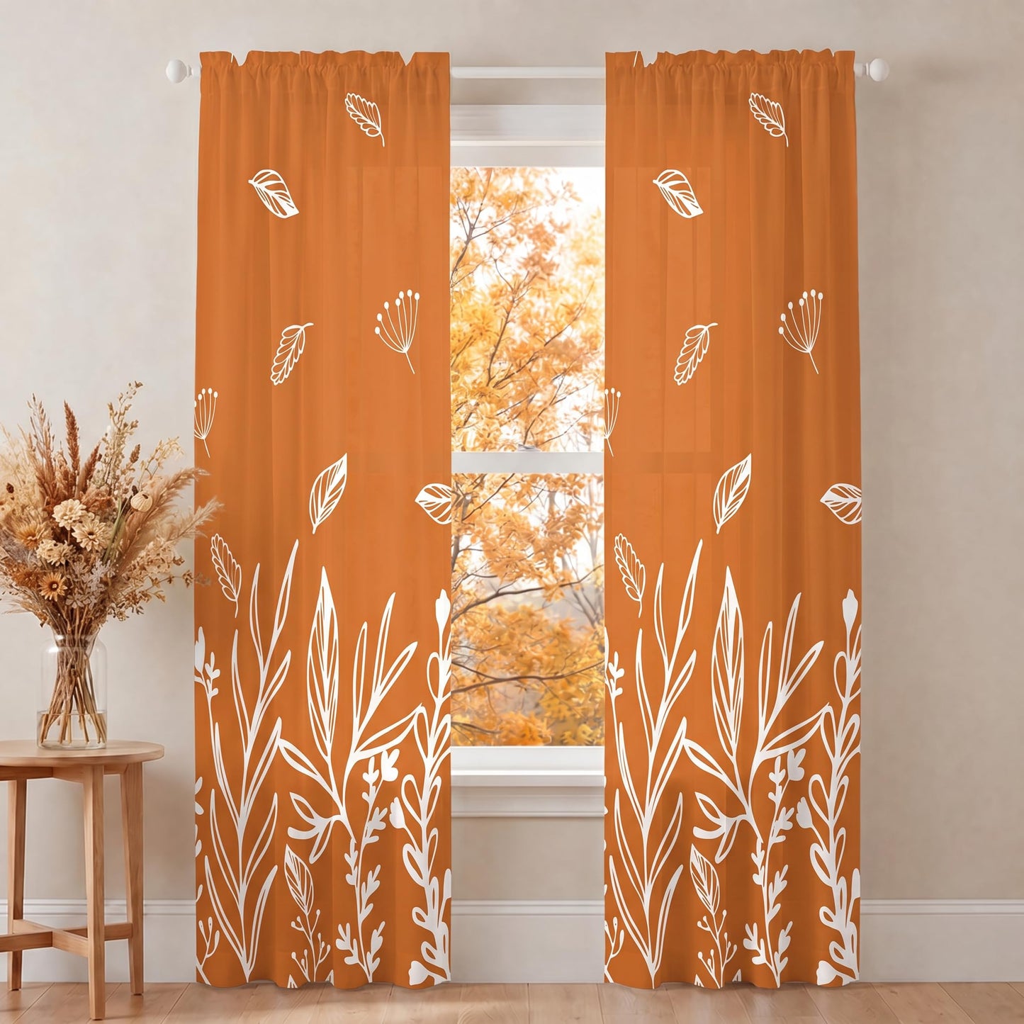 Horaldaily Fall Sheer Curtains for Living Room and Bedroom, Thanksgiving Autumn Harvest Orange Wild Flowers Window Curtains, Rod Pocket, 52" W x 84" L, Set of 2 Curtain Panels
