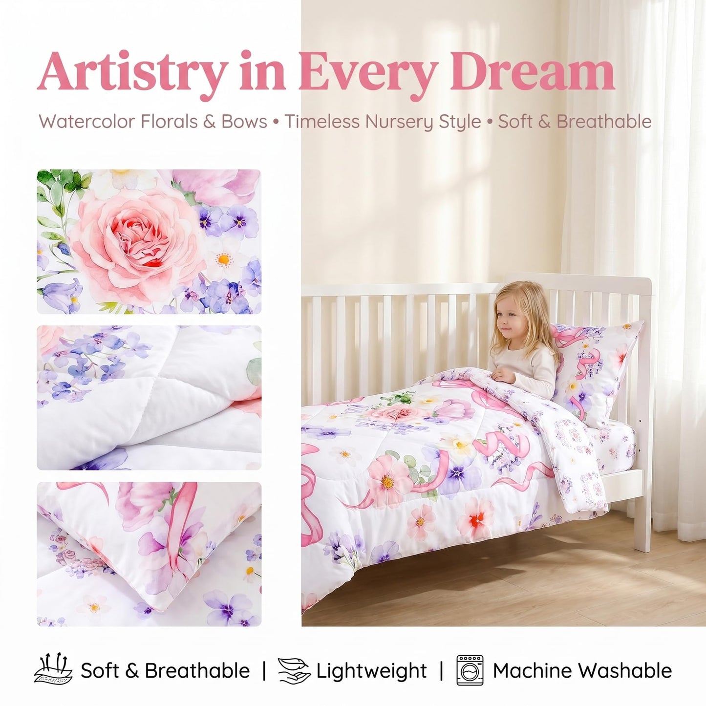 Pea Pod Floral Toddler Bedding Set for Girls, 4 Piece Bed-in-a-Bag Toddler Comforter Sets Cute Bowknot Princess Crib Bed Set | Include Quilt Comforter, Flat Sheet, Fitted Sheet, Pillowcase, Super Soft