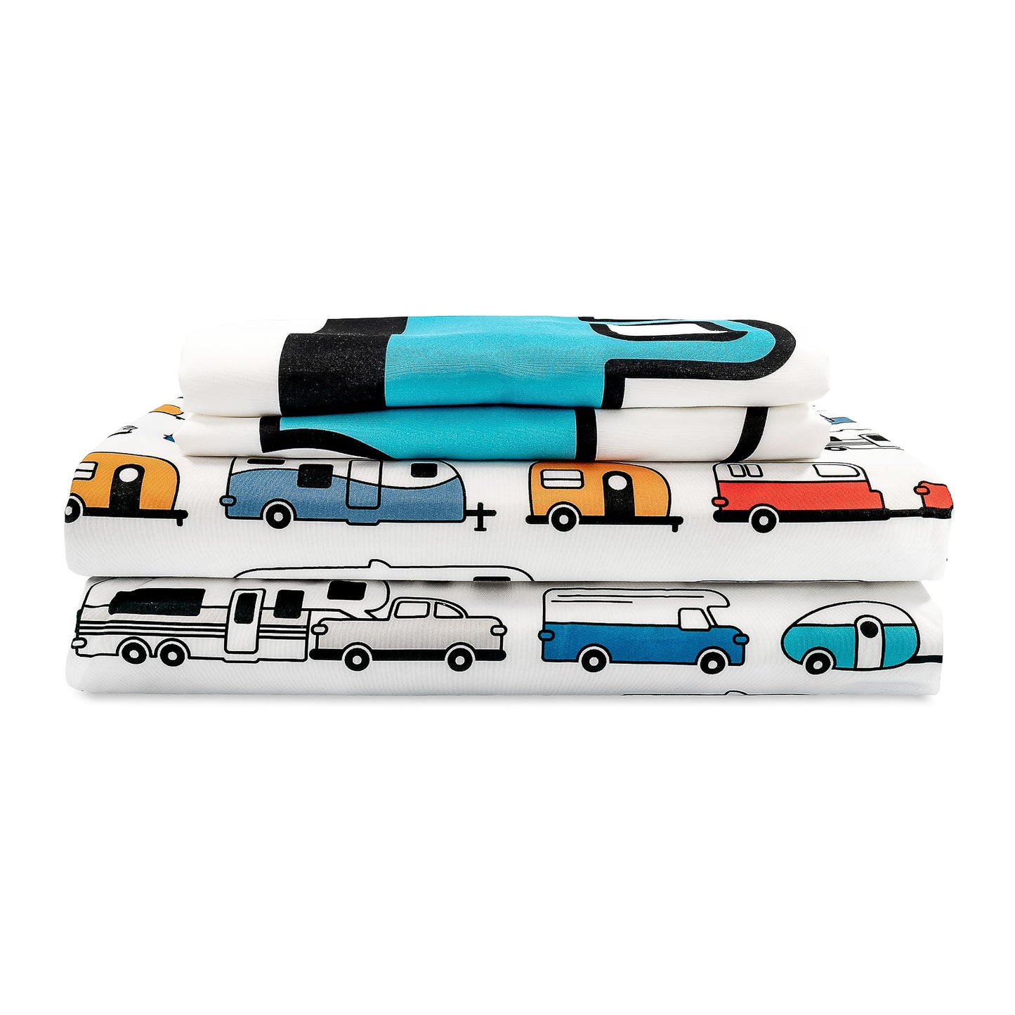 Camco Camper & RV Queen Sheet Set - Features Travel Trailer Print Design - Crafted of Soft Machine Washable Polyester - 4 Piece Set Includes Fitted Sheet, Flat Sheet, & 2 Pillowcases (53299)