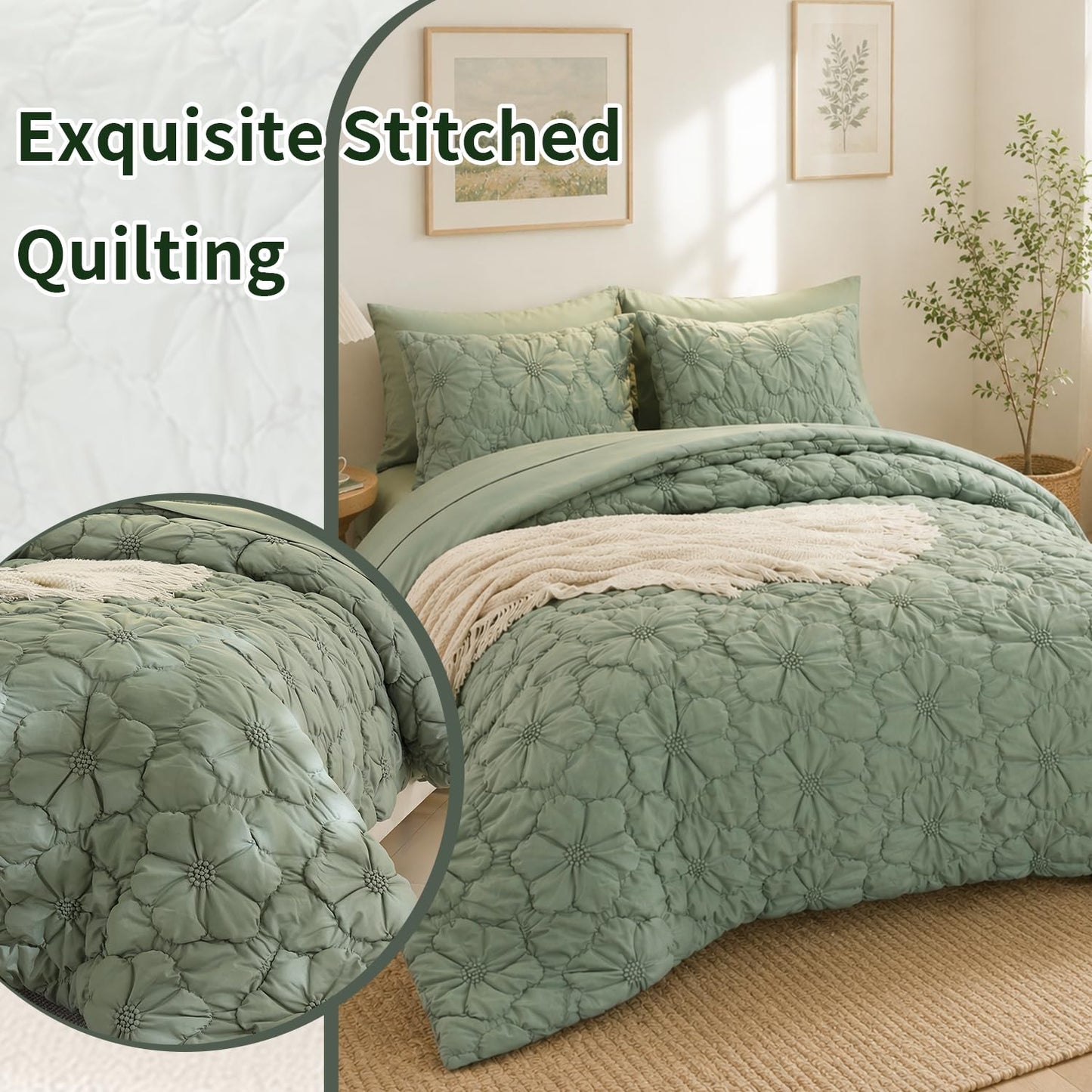 7 Piece Comforter Set, Pintuck Floral Bedding Set with Sheets & Pillowcases, Soft Fluffy All Season Comforter Set, Lightweight Breathable Bed Set for Bedroom Guest Room Dorm (Green, King, Flowers)