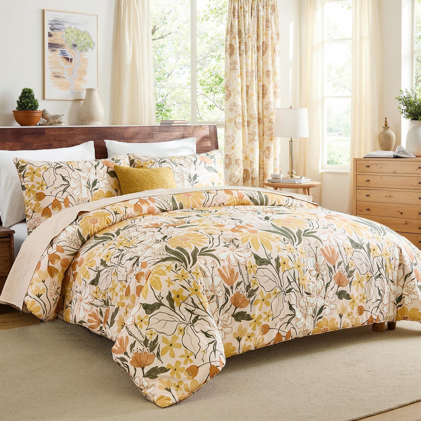 Bedorm 100% Cotton Comforter Set Queen Floral Bedding Set Yellow Flower Green Leaf Print French Country Bedding Extra Soft & Breathable Bedroom Comforter
