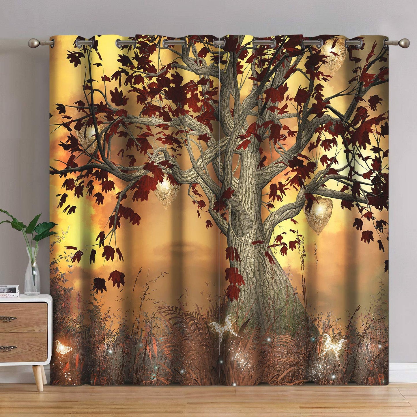 Jekeno Fall Tree Blackout Curtains Autumn Tree Room Decor Moonlight Butterfly Lantern Glittering Firefly Print Grommet Window Drape for Bedroom Living Room 2 Panel Set, 52"x84"
